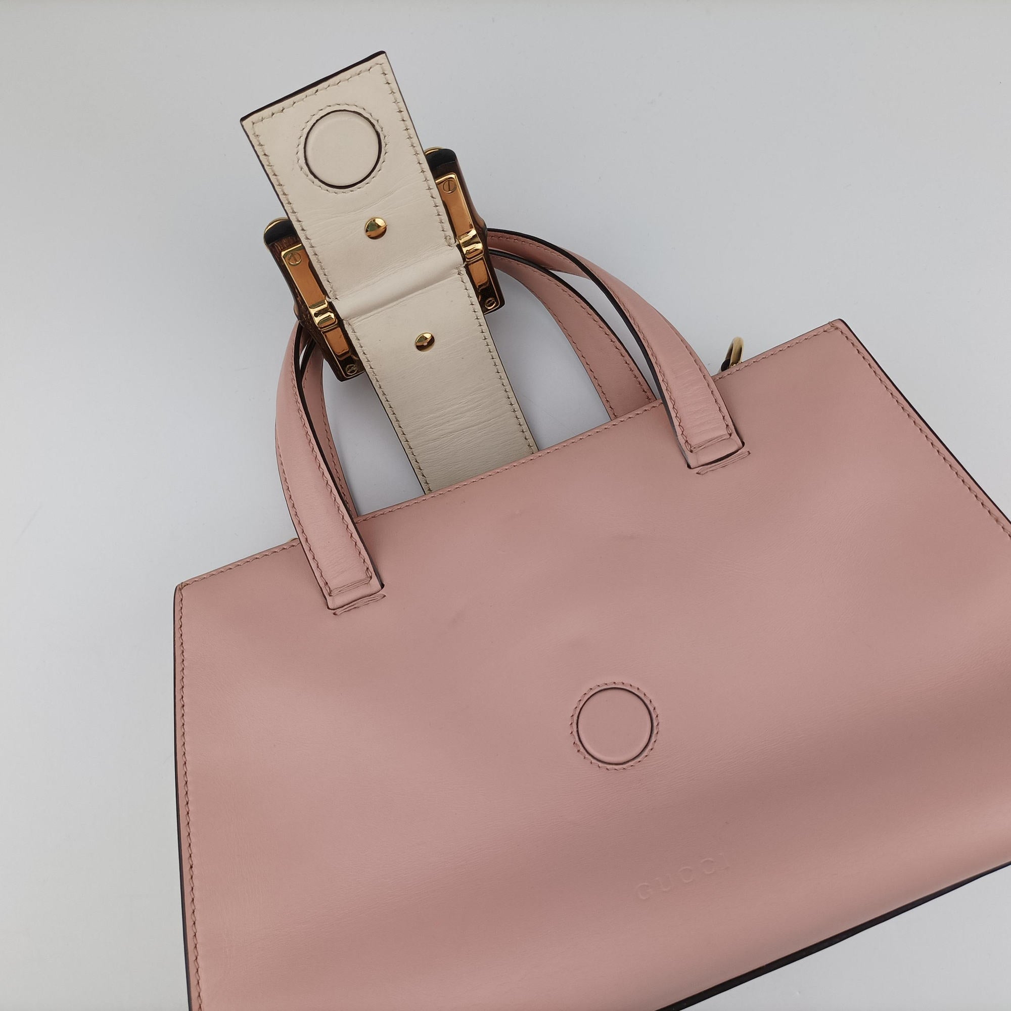 Pre-owned Gucci Nimfair Bamboo Pink x white Leather 453756 shoulderbag | stylenewstar