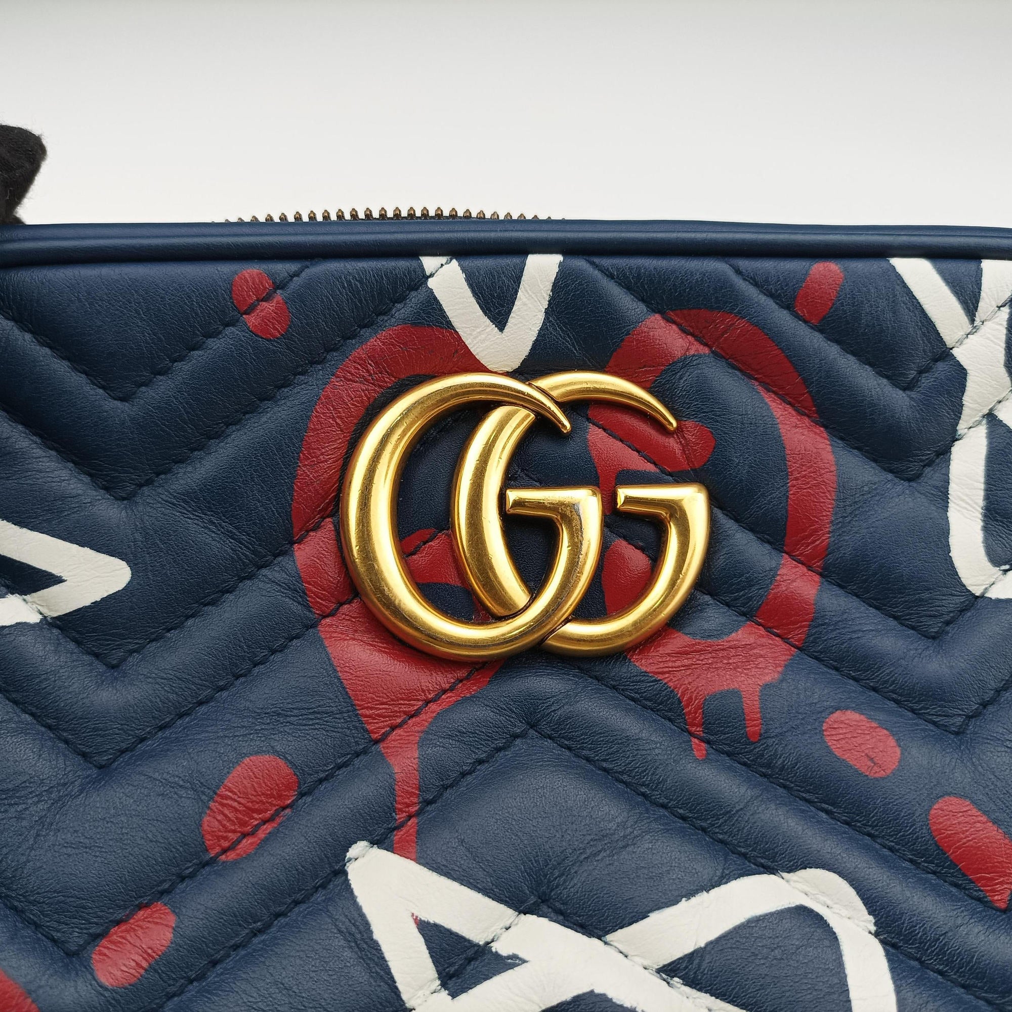 Pre-owned Gucci GG Marmont navy×Multicolour Leather 447632 shoulderbag | stylenewstar