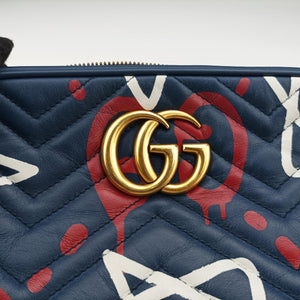 Pre-owned Gucci GG Marmont navy×Multicolour Leather 447632 shoulderbag | stylenewstar