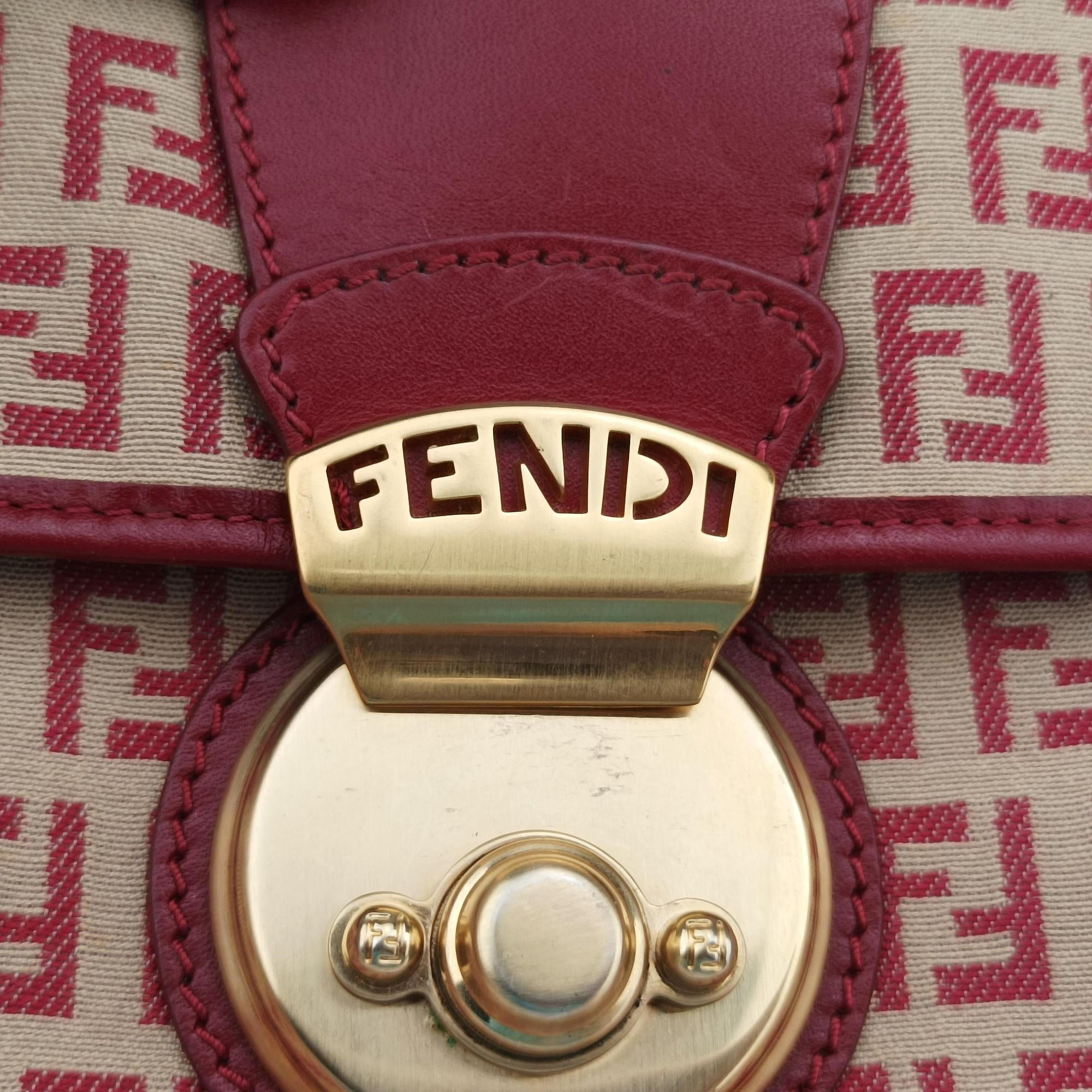 Pre-owned Fendi Zucchino Borsa Red canvas×leather 8BR429 shoulderbag | stylenewstar