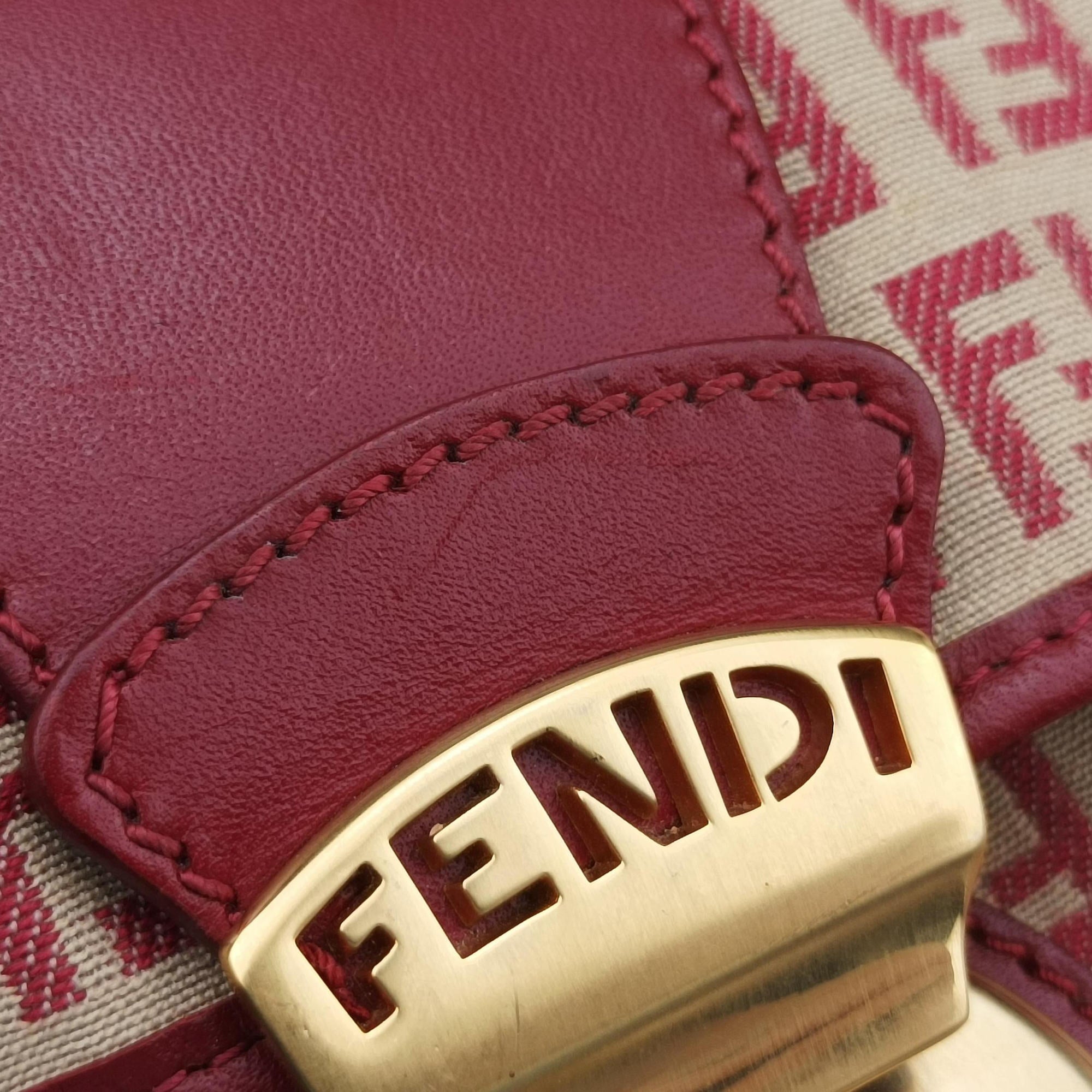 Pre-owned Fendi Zucchino Borsa Red canvas×leather 8BR429 shoulderbag | stylenewstar