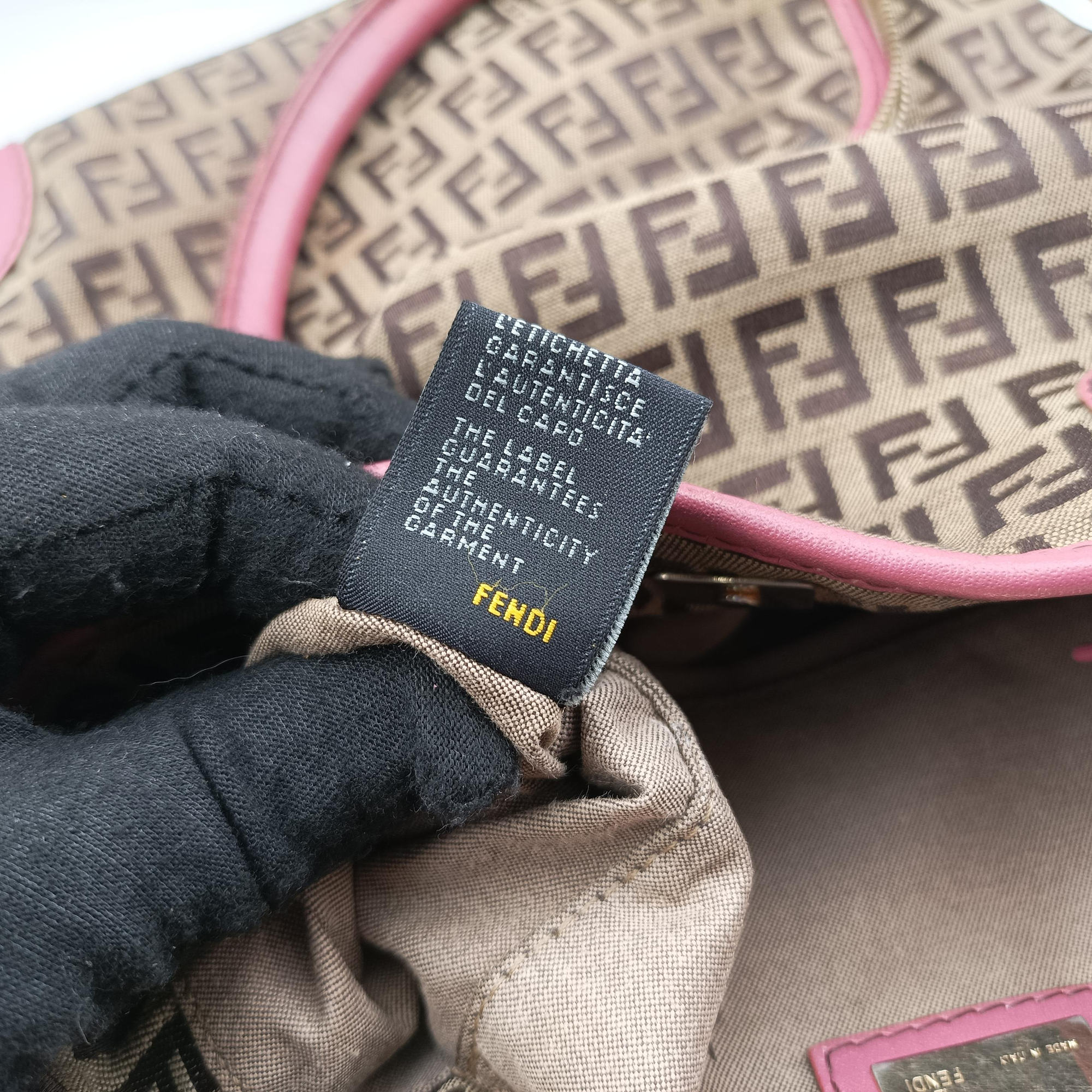 Pre-owned Fendi Zucchino Brown×Pink Canvas×Leather 8BH139 handbag | stylenewstar