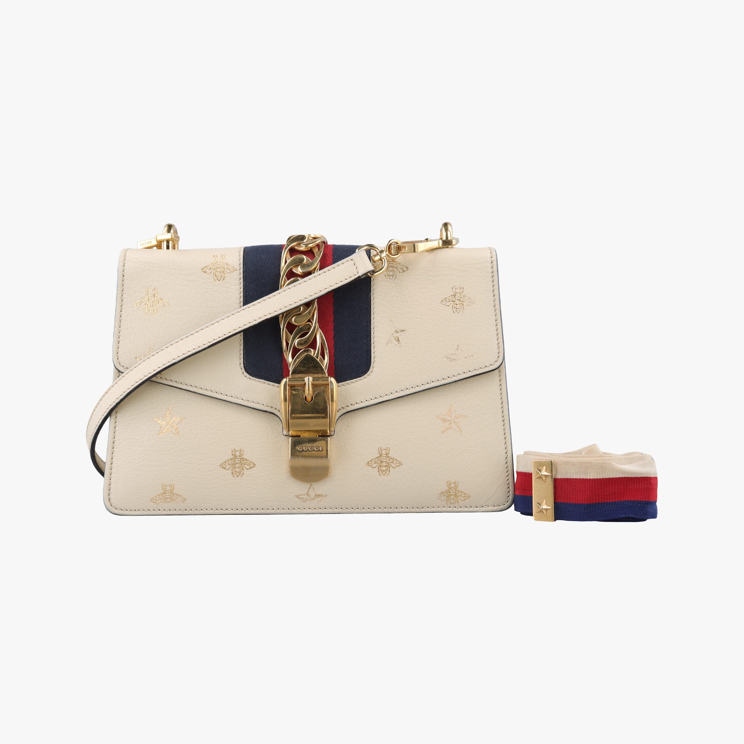 Pre-owned Gucci Sylvie Ivory×Navy×Red Leather 524405 shoulderbag | stylenewstar