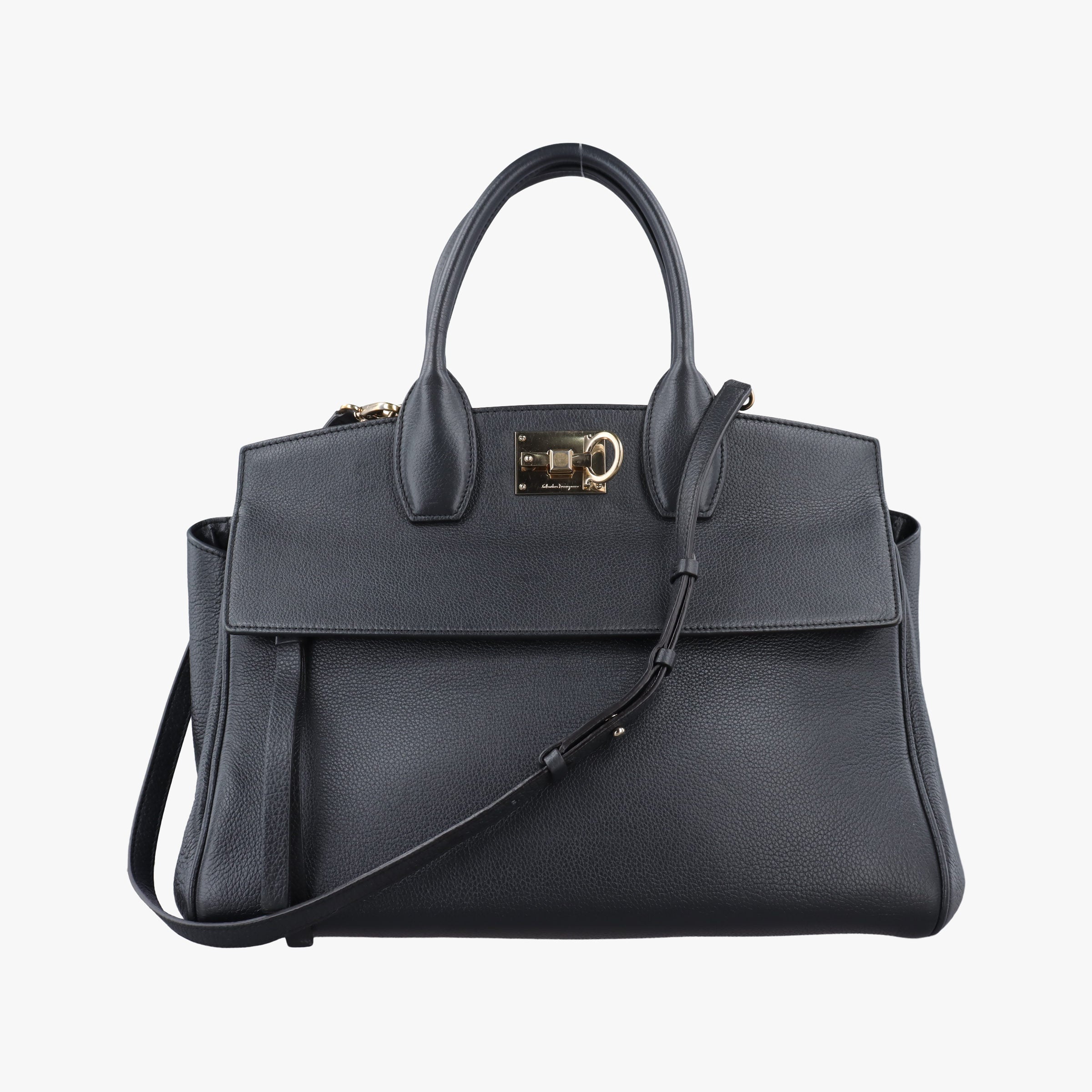 Pre-owned Ferragamo Studio Dark Gray Grained Calfskin  shoulderbag | stylenewstar