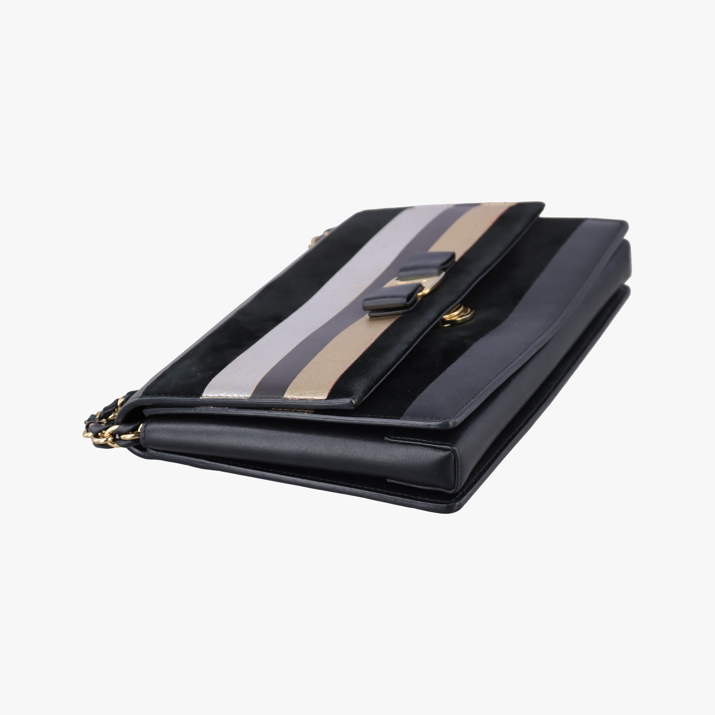 Pre-owned Ferragamo Vara Stripe Black× Gold×Silver Leather  shoulderbag | stylenewstar