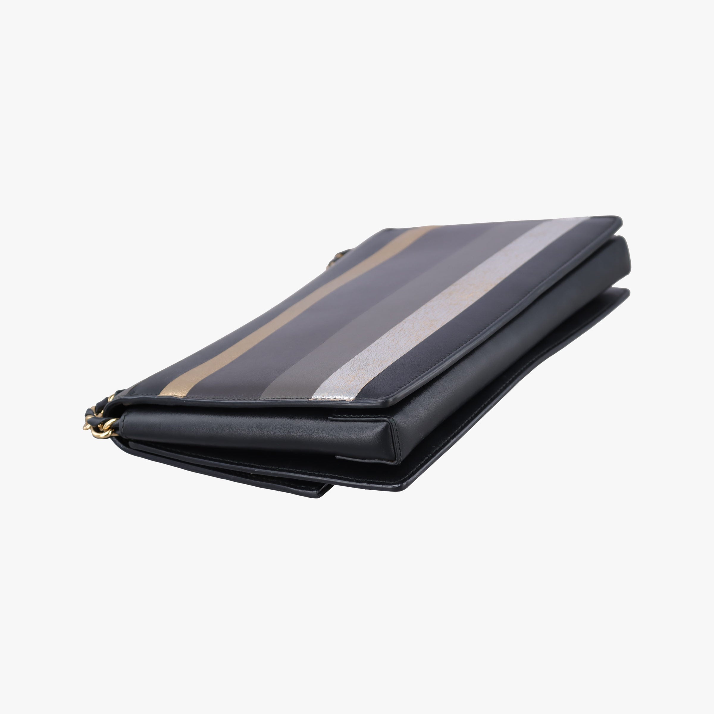 Pre-owned Ferragamo Vara Stripe Black× Gold×Silver Leather  shoulderbag | stylenewstar