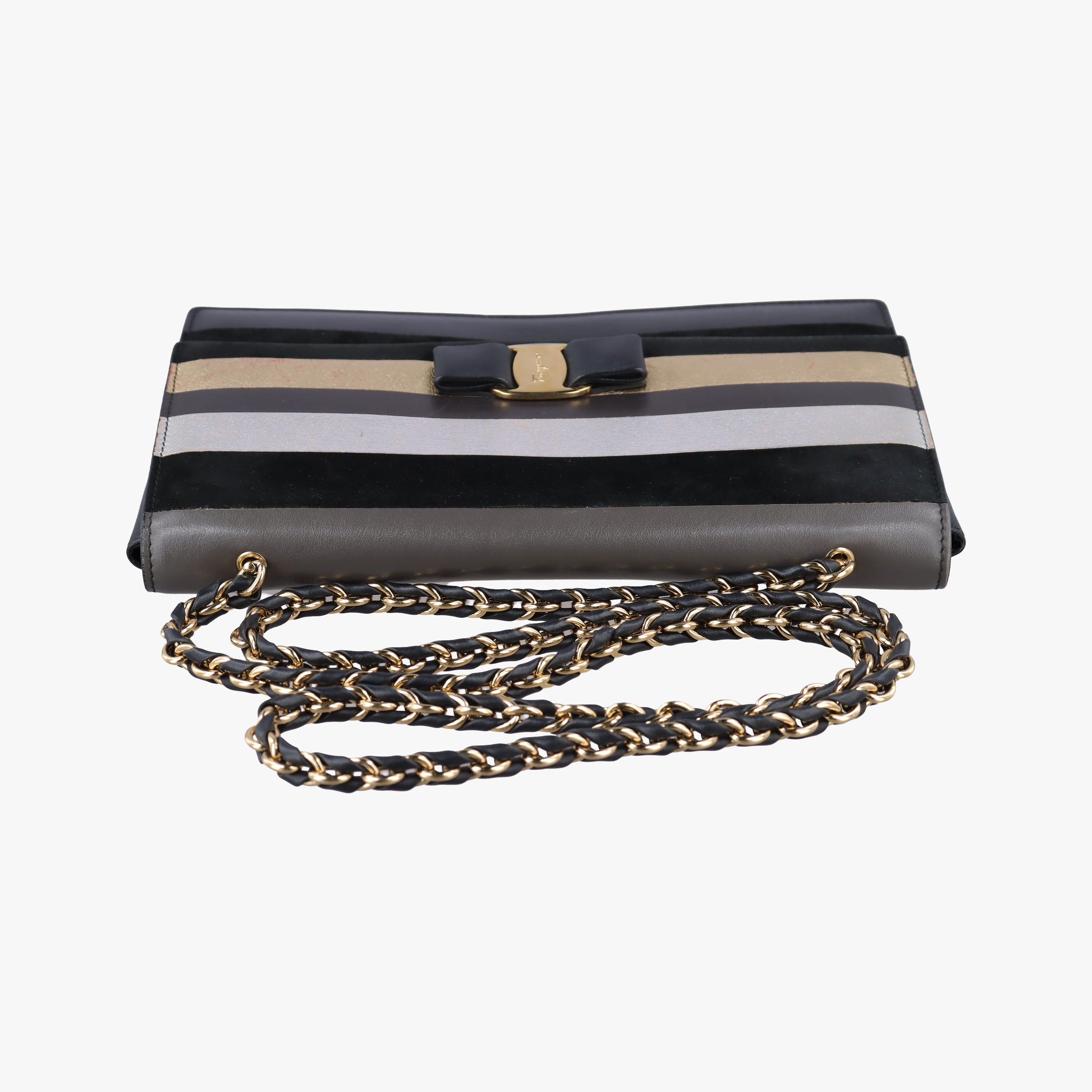 Pre-owned Ferragamo Vara Stripe Black× Gold×Silver Leather  shoulderbag | stylenewstar