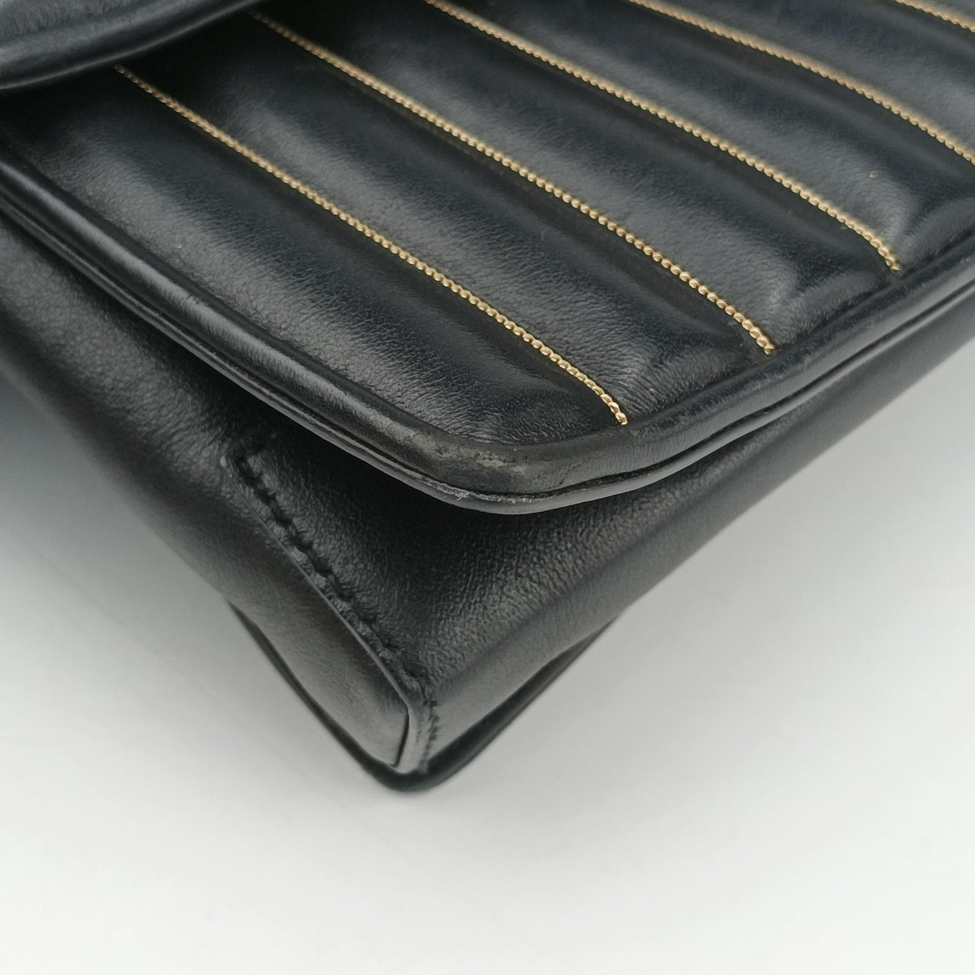 Pre-owned Ferragamo Vara Logo Ribbon Stripe Black Leather  shoulderbag | stylenewstar