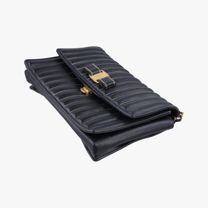 Pre-owned Ferragamo Vara Logo Ribbon Stripe Black Leather  shoulderbag | stylenewstar