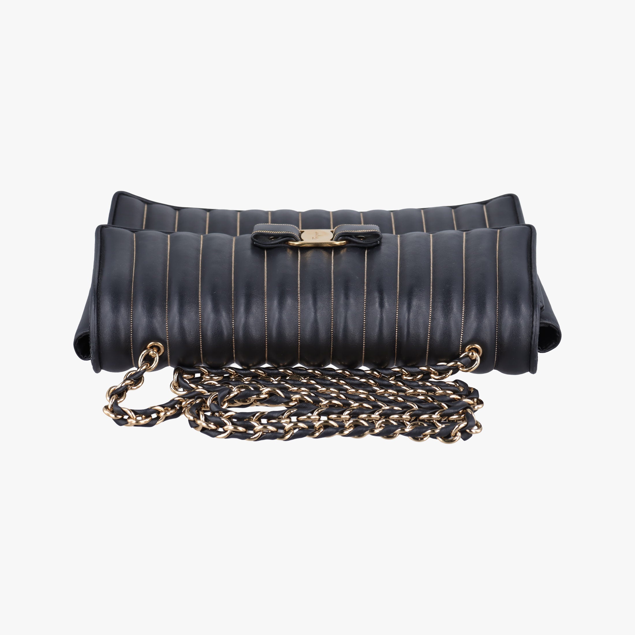Pre-owned Ferragamo Vara Logo Ribbon Stripe Black Leather  shoulderbag | stylenewstar