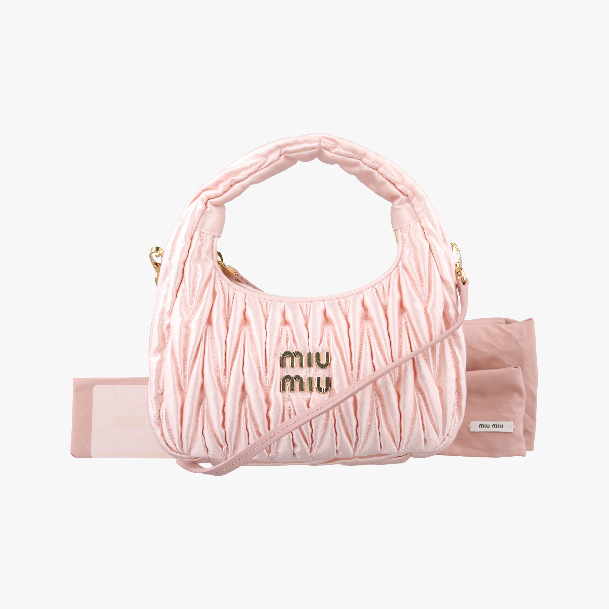 Pre-owned Miu Miu Wander Matelasse hobo Alabaster Pink Satin 5BC125 shoulderbag | stylenewstar