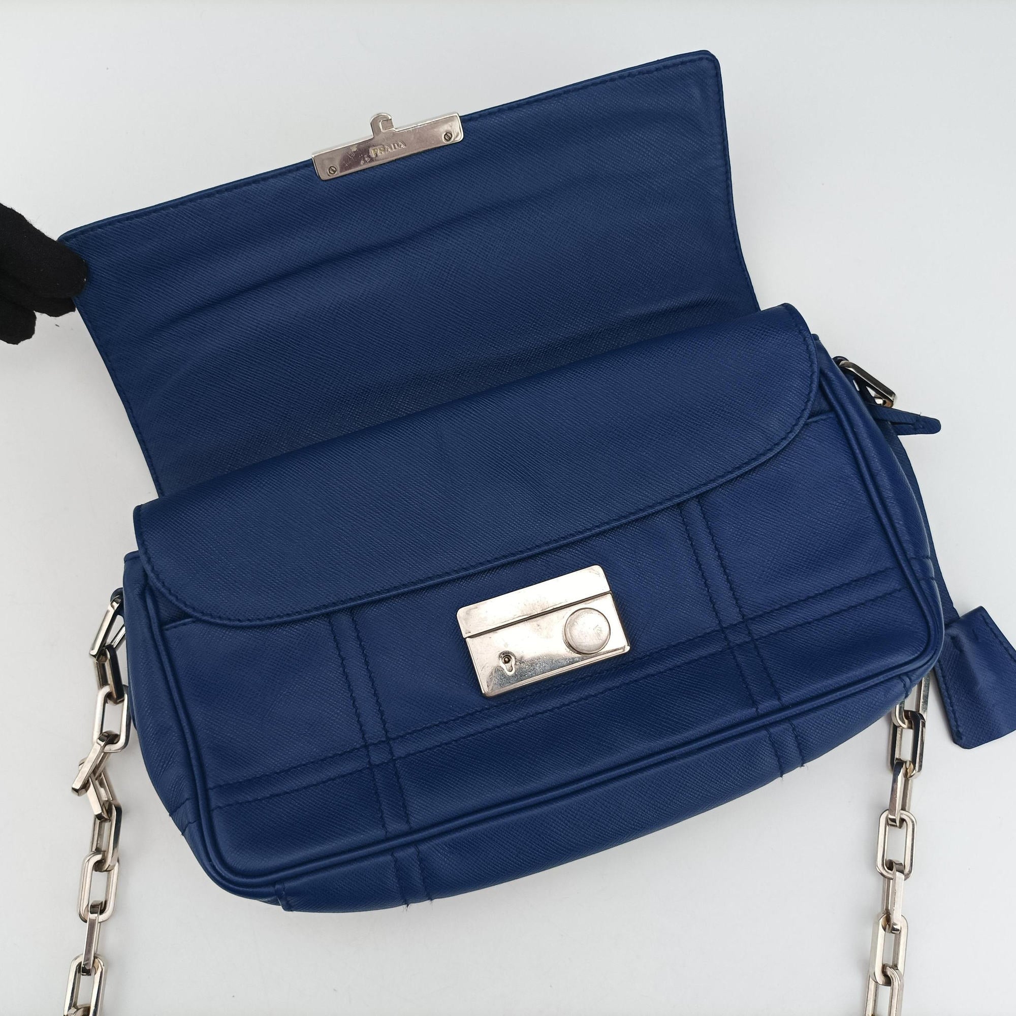 Pre-owned Prada Sound Lock Blue SAFFIANO Leather  shoulderbag | stylenewstar