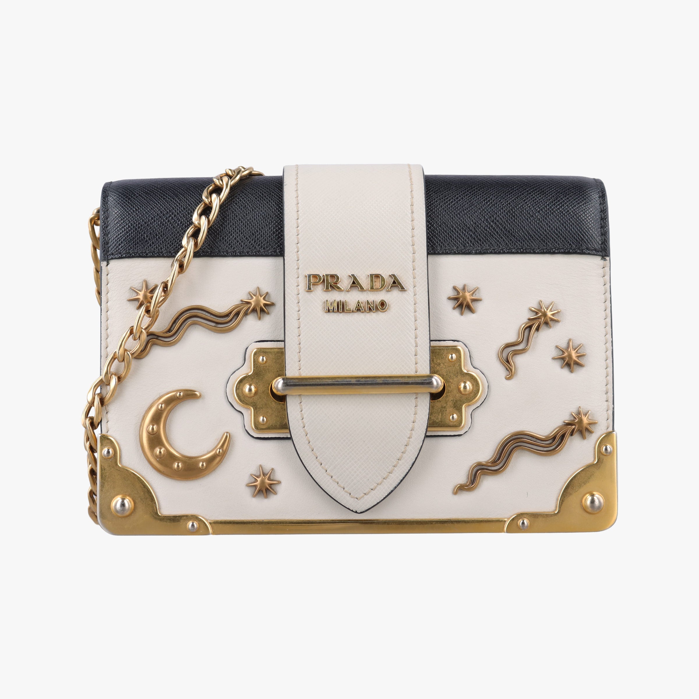 Pre-owned Prada Astrology Cahier White×Black Saffiano leather×Leather  shoulderbag | stylenewstar