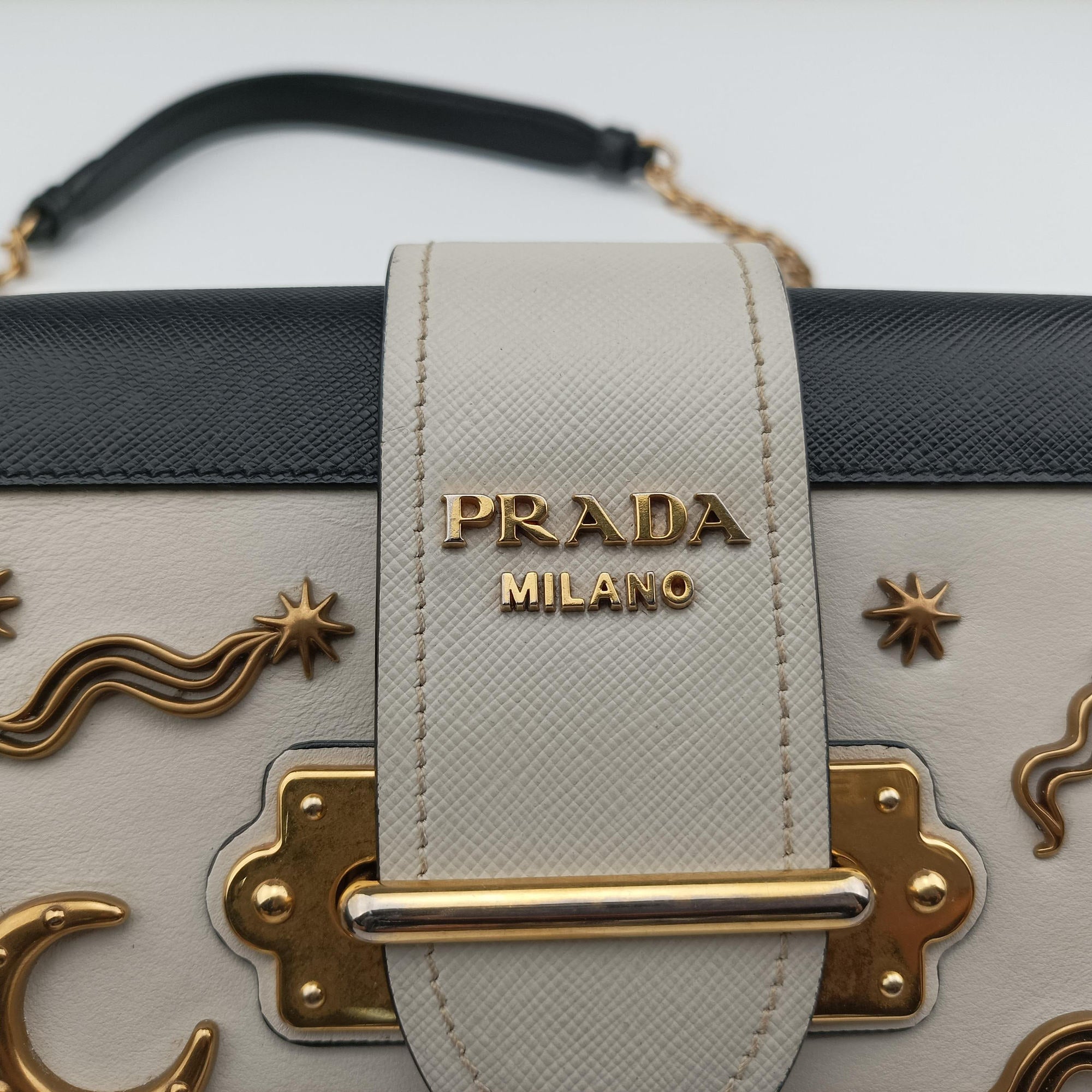 Pre-owned Prada Astrology Cahier White×Black Saffiano leather×Leather  shoulderbag | stylenewstar