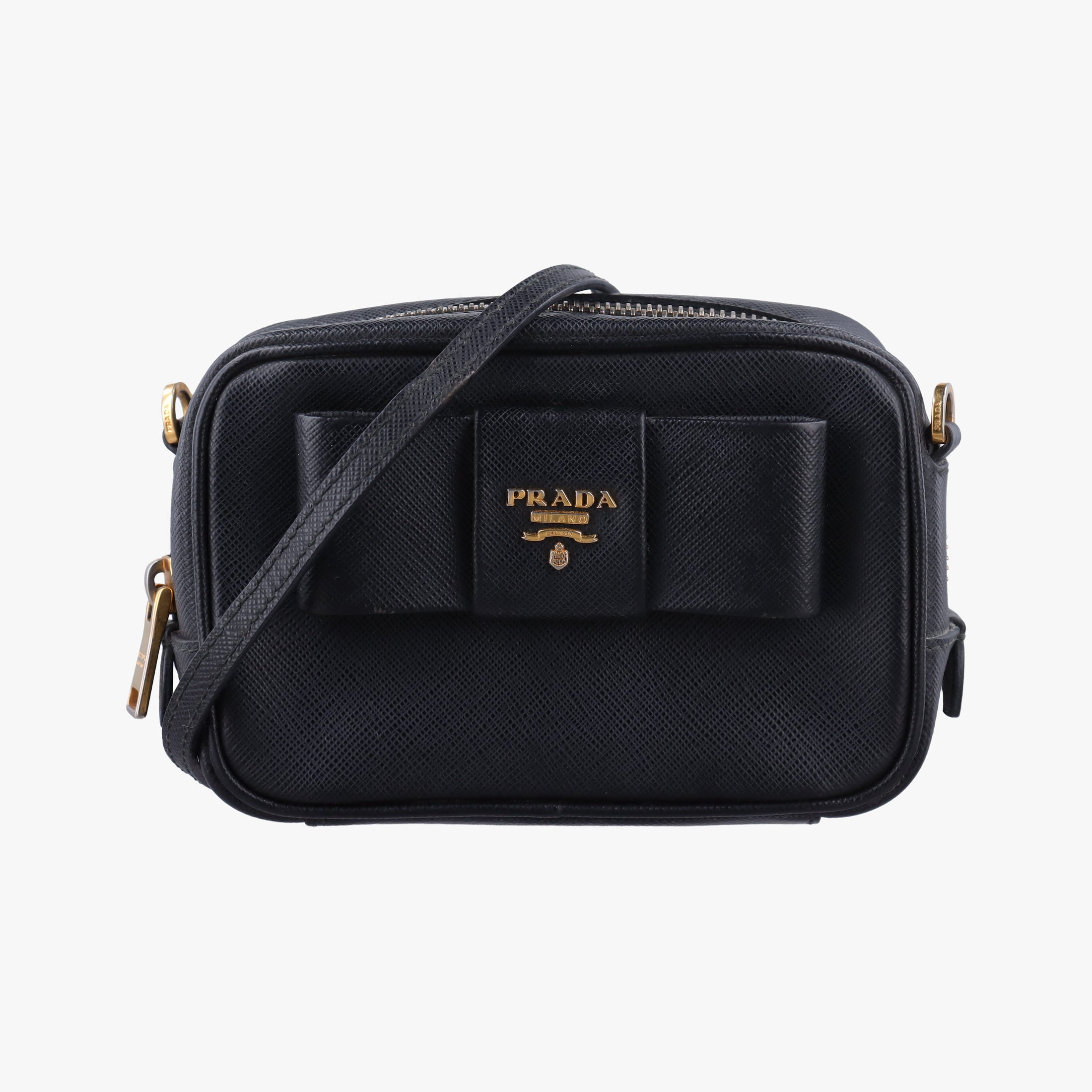 Pre-owned Prada Ribbon Mini Pochette Black SAFFIANO Leather 1NF674 shoulderbag | stylenewstar