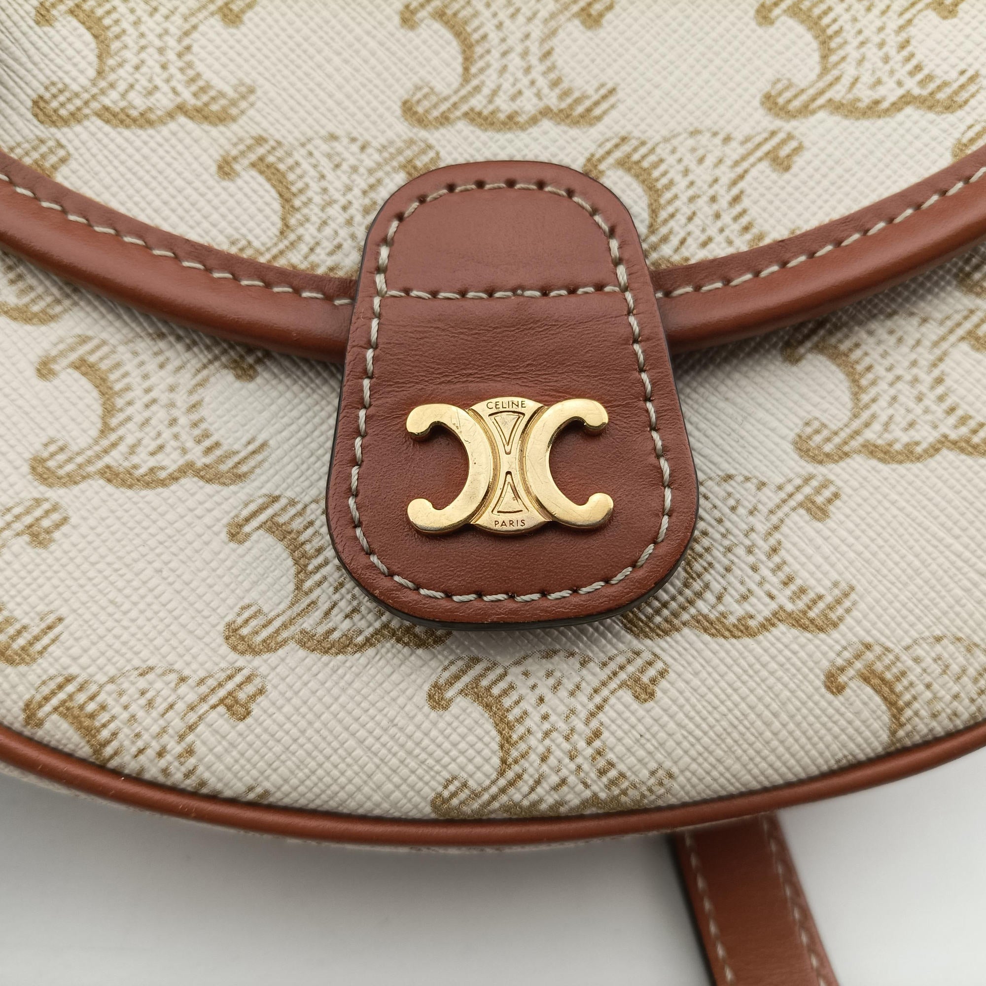 Pre-owned Celine Triomphe Mini Besace White×brown PVC coated canvas  shoulderbag | stylenewstar