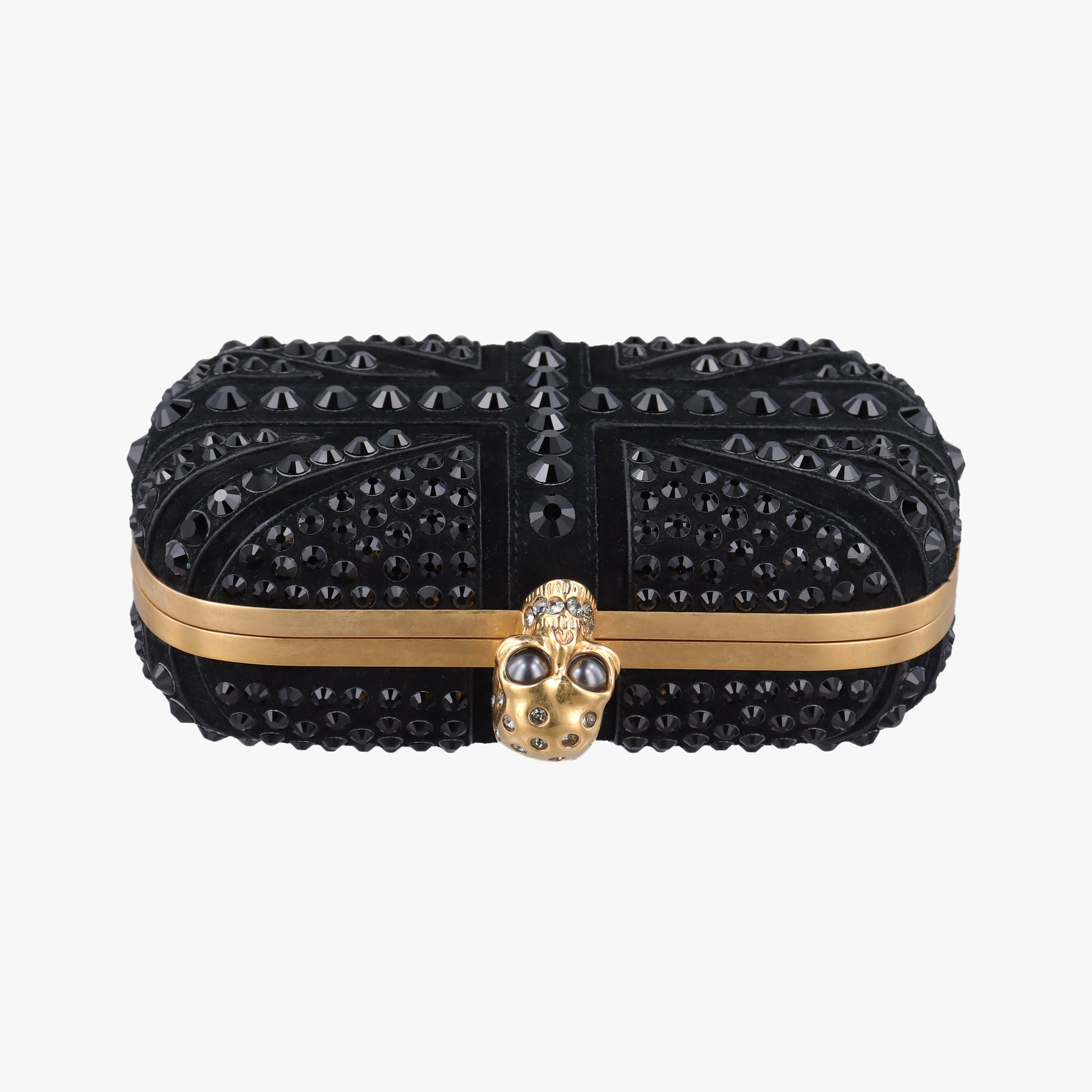 Pre-owned Alexander McQueen Studded Britannia Skull Box Black suede  clutchbag | stylenewstar