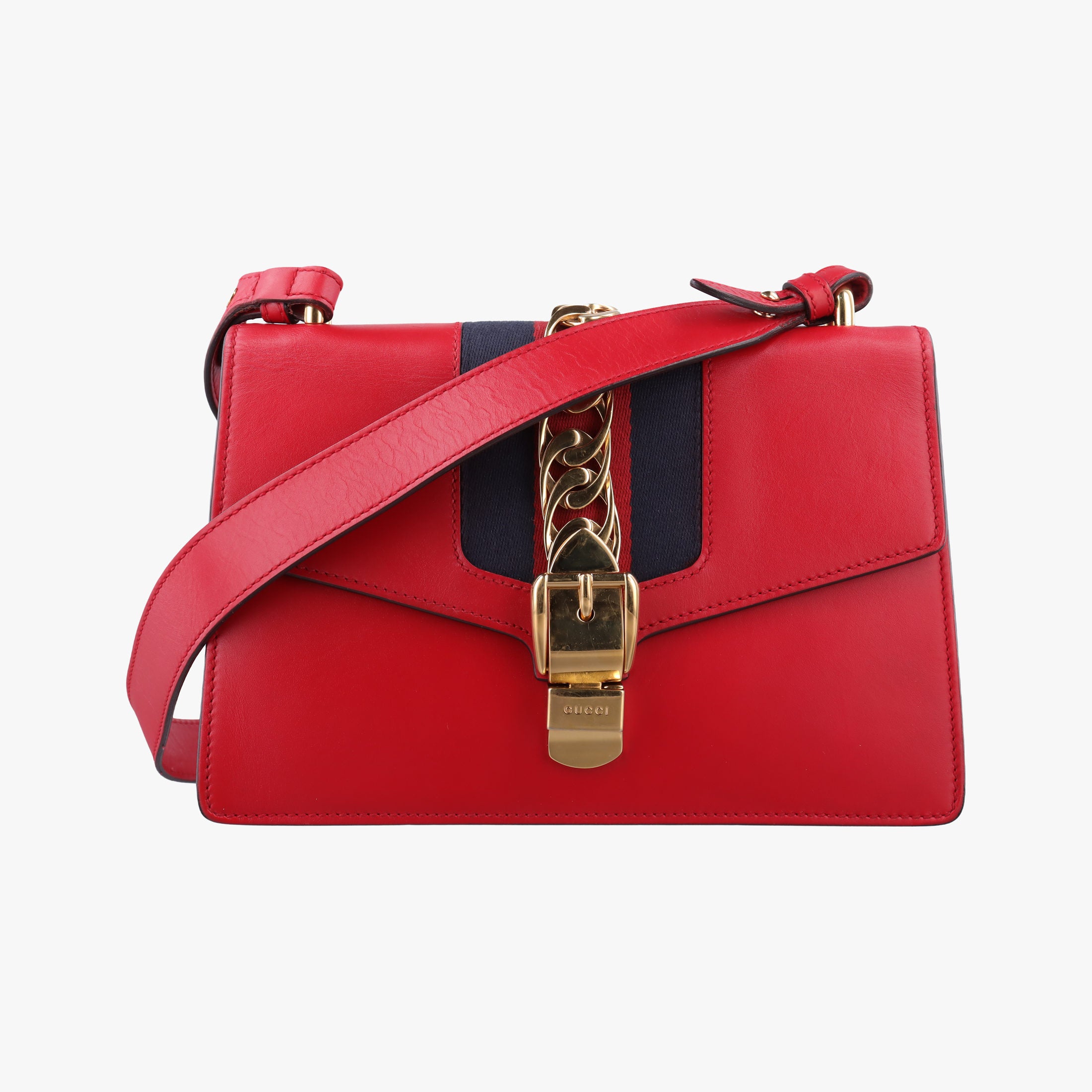 Pre-owned Gucci Sylvie Red×navy Leather 421882 shoulderbag | stylenewstar