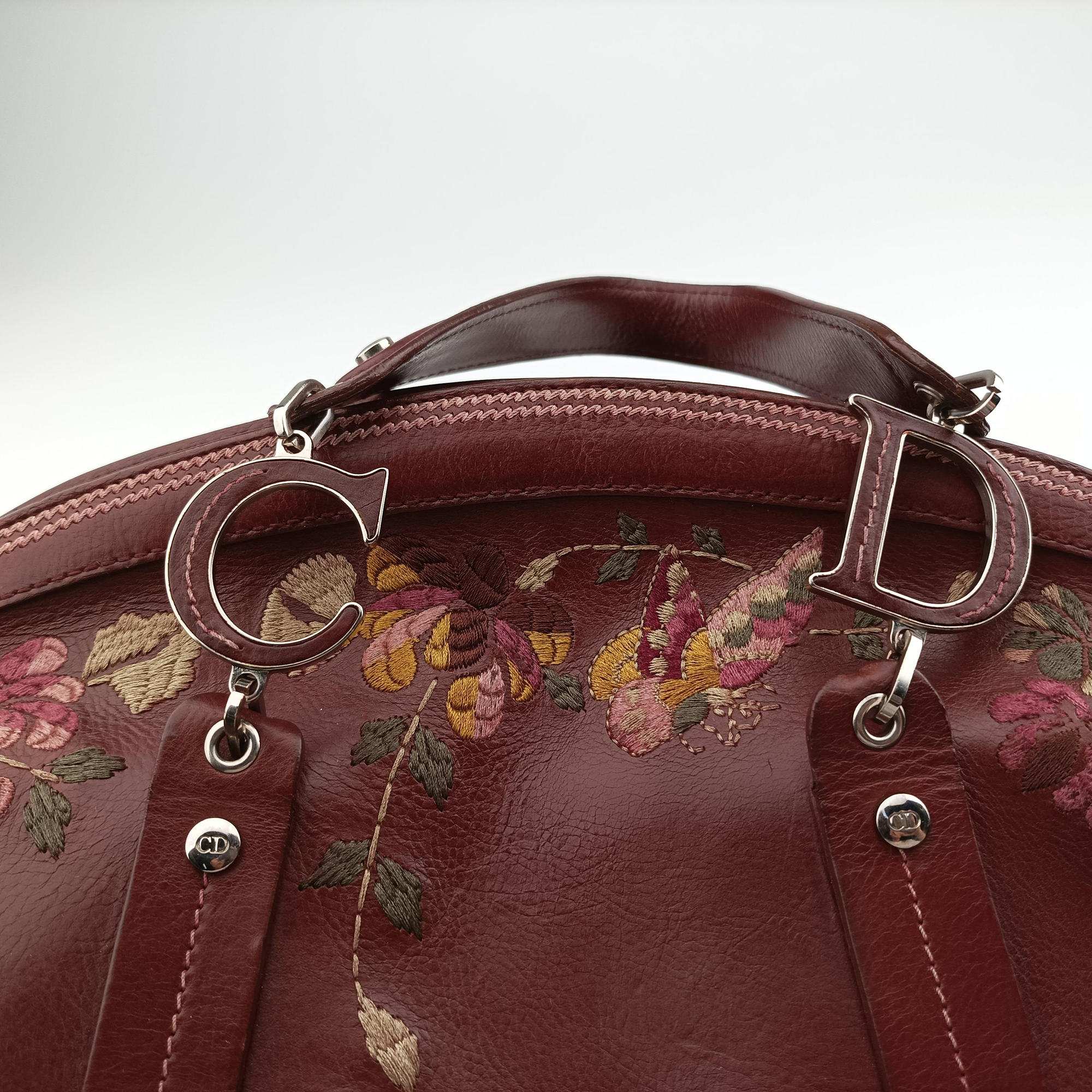 Pre-owned Christian Dior Romantic Flowers Burgundy Leather  shoulderbag | stylenewstar