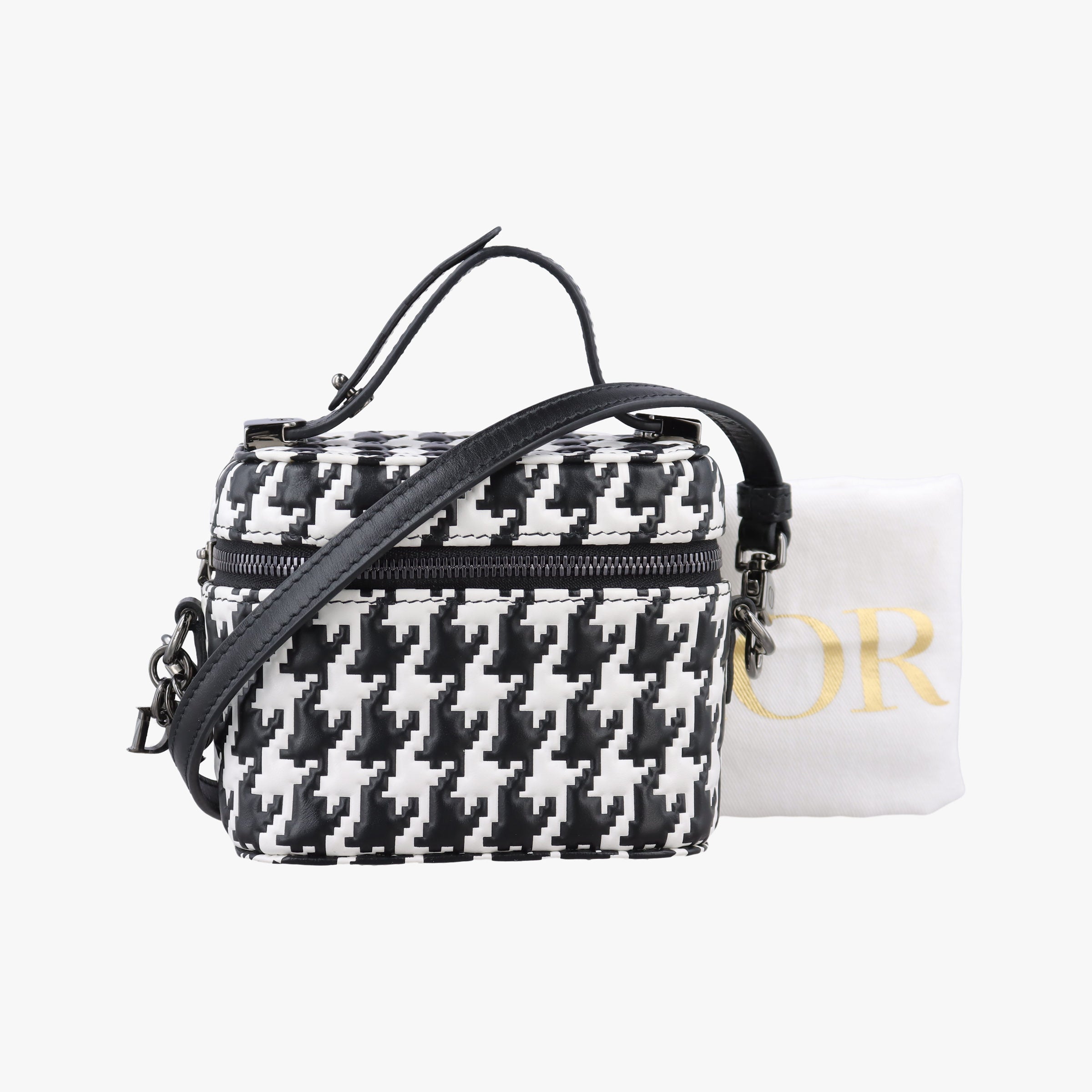 Pre-owned Christian Dior Houndstooth vanity bag Black and White Leather  shoulderbag | stylenewstar