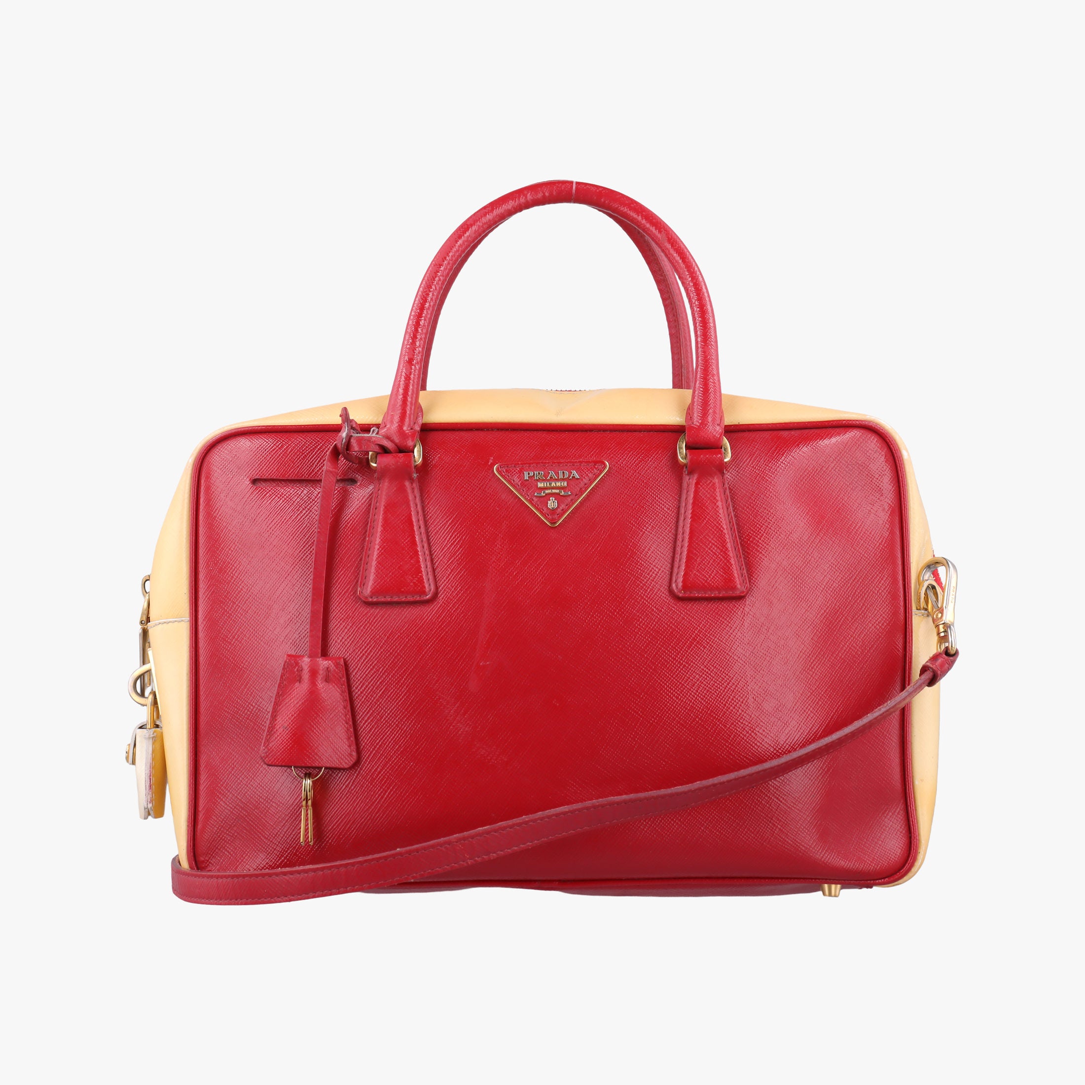 Pre-owned Prada Triangle logo Red×Yellow Patent  shoulderbag | stylenewstar