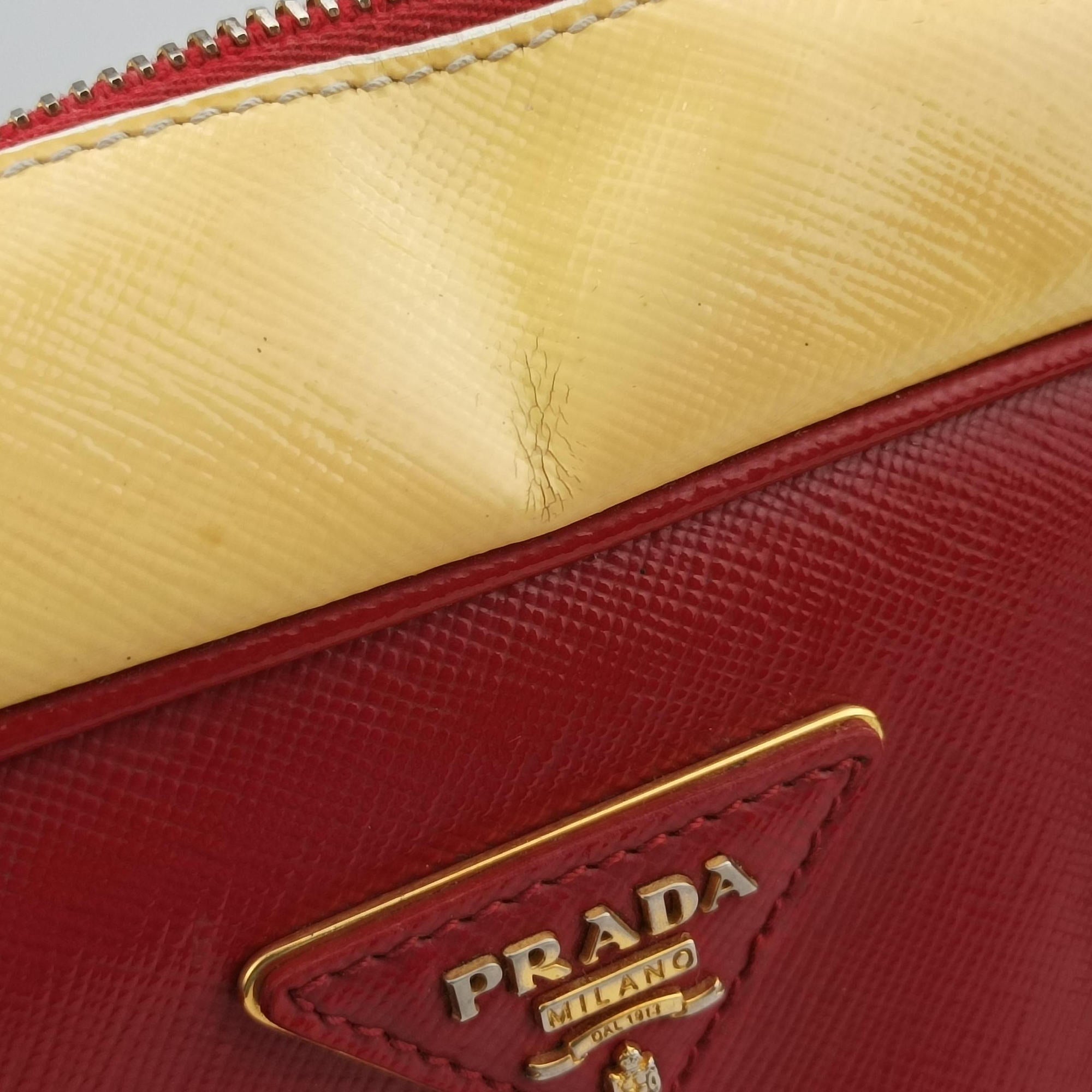 Pre-owned Prada Triangle logo Red×Yellow Patent  shoulderbag | stylenewstar