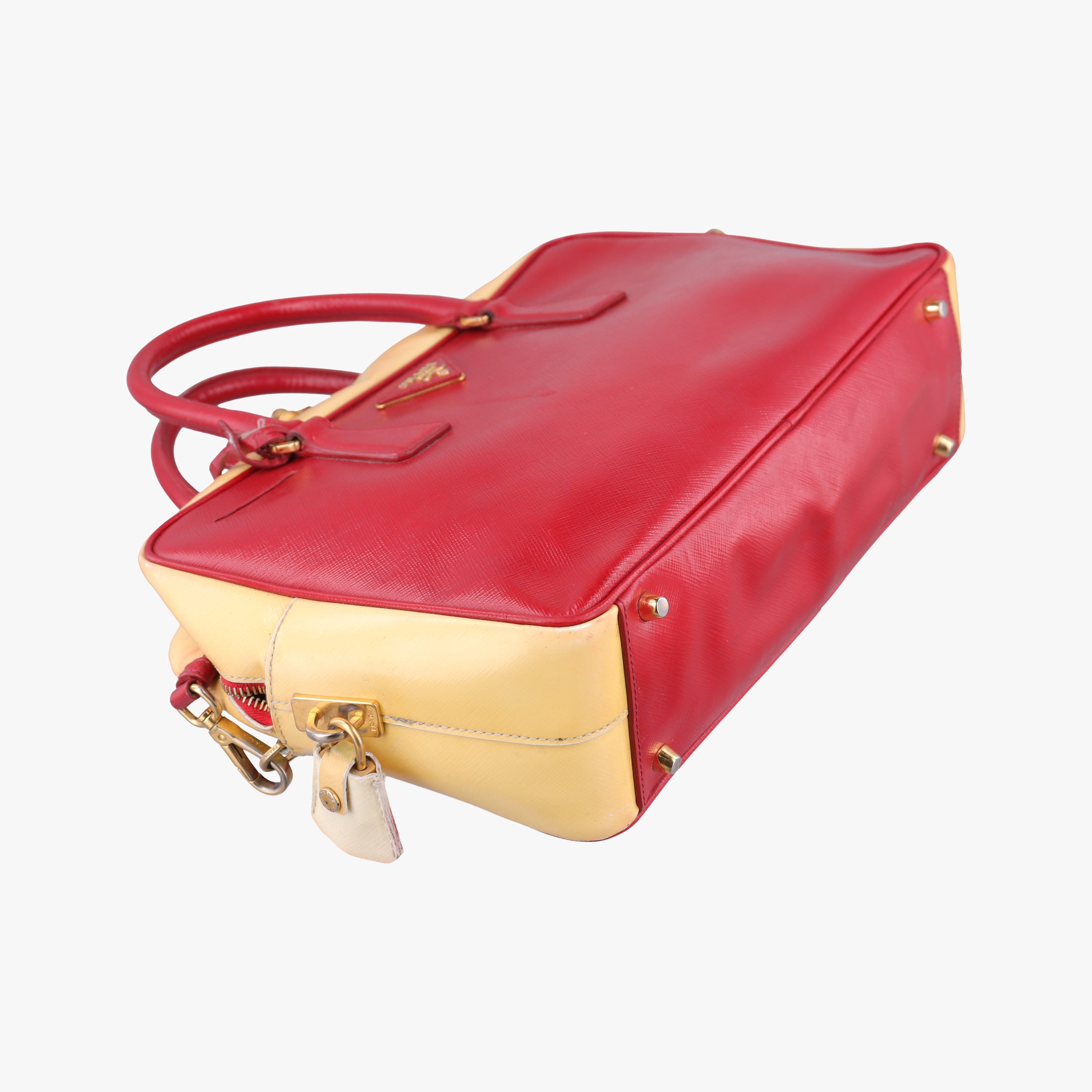 Pre-owned Prada Triangle logo Red×Yellow Patent  shoulderbag | stylenewstar