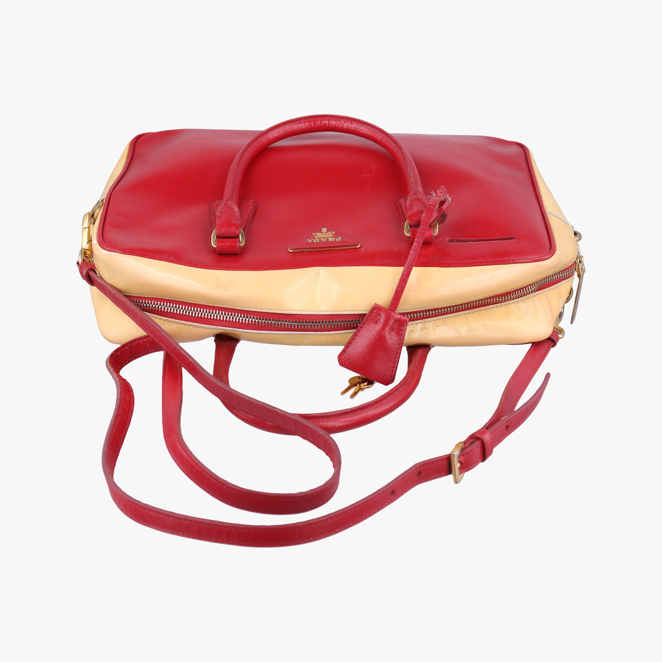 Pre-owned Prada Triangle logo Red×Yellow Patent  shoulderbag | stylenewstar