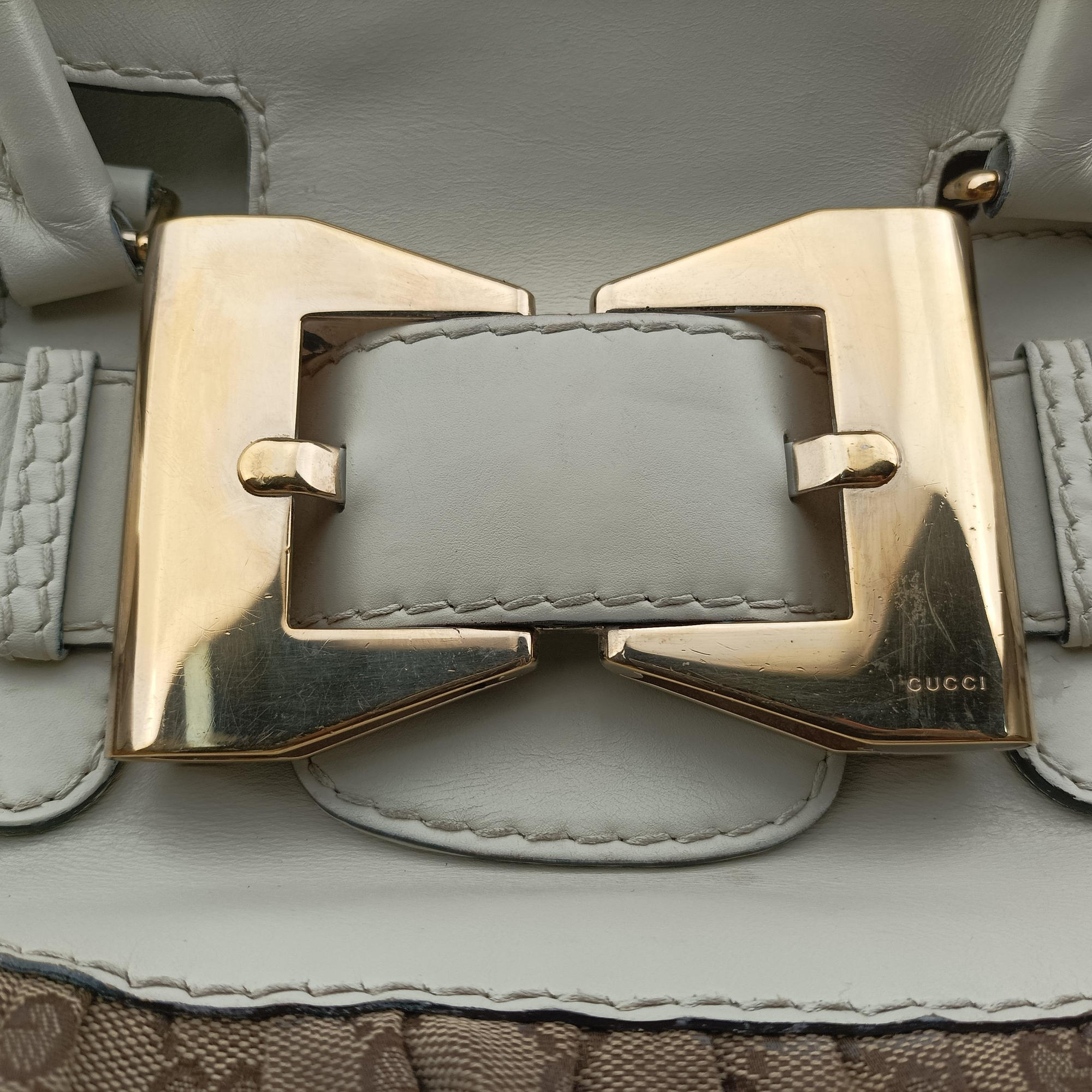 Vintage Gucci Dialux Queen Large White × Brown Leather×canvas 189883 handbag | stylenewstar