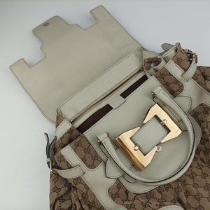 Vintage Gucci Dialux Queen Large White × Brown Leather×canvas 189883 handbag | stylenewstar