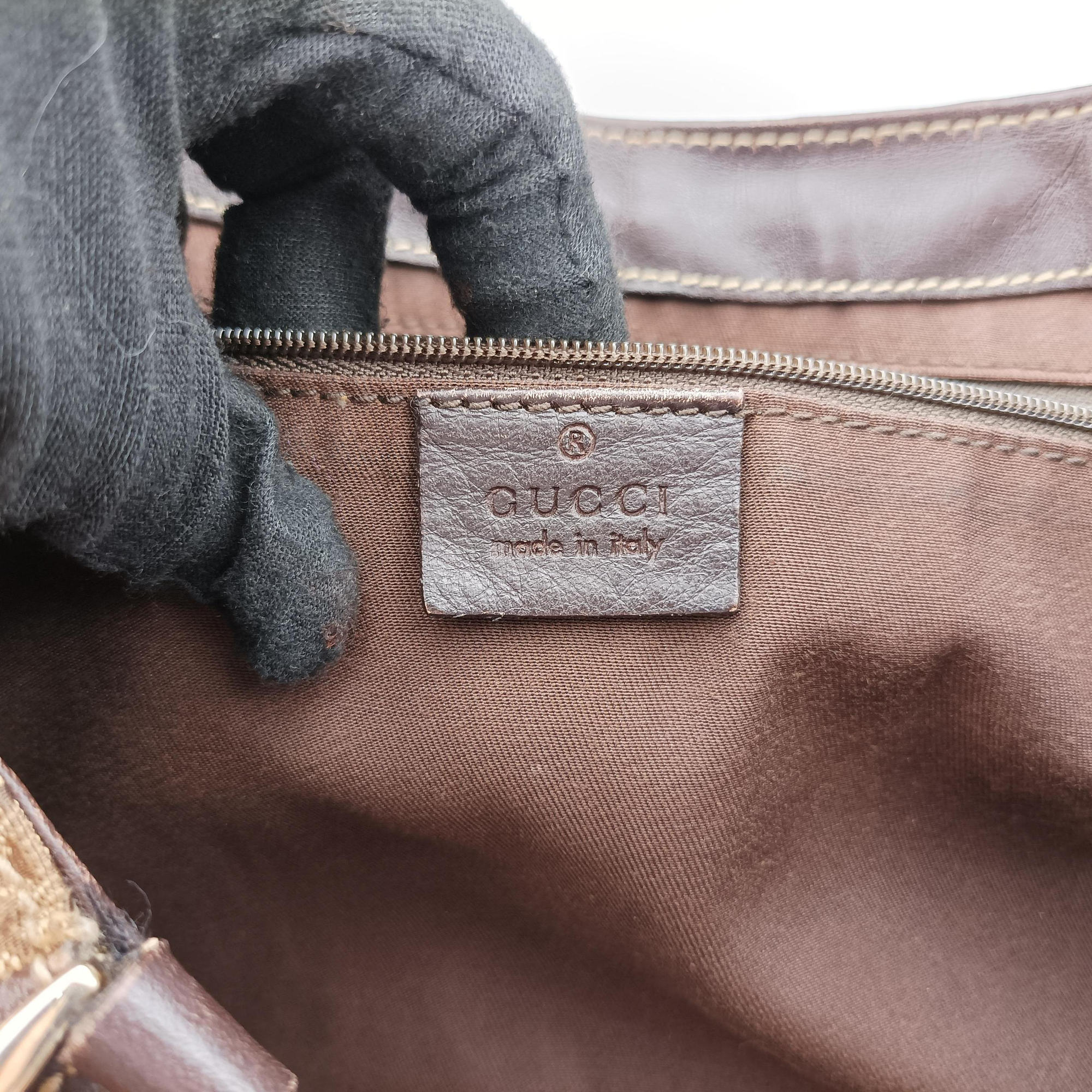 Pre-owned Gucci Abbey D-ring Hobo Beige x Brown Canvas x Leather 190525 handbag | stylenewstar