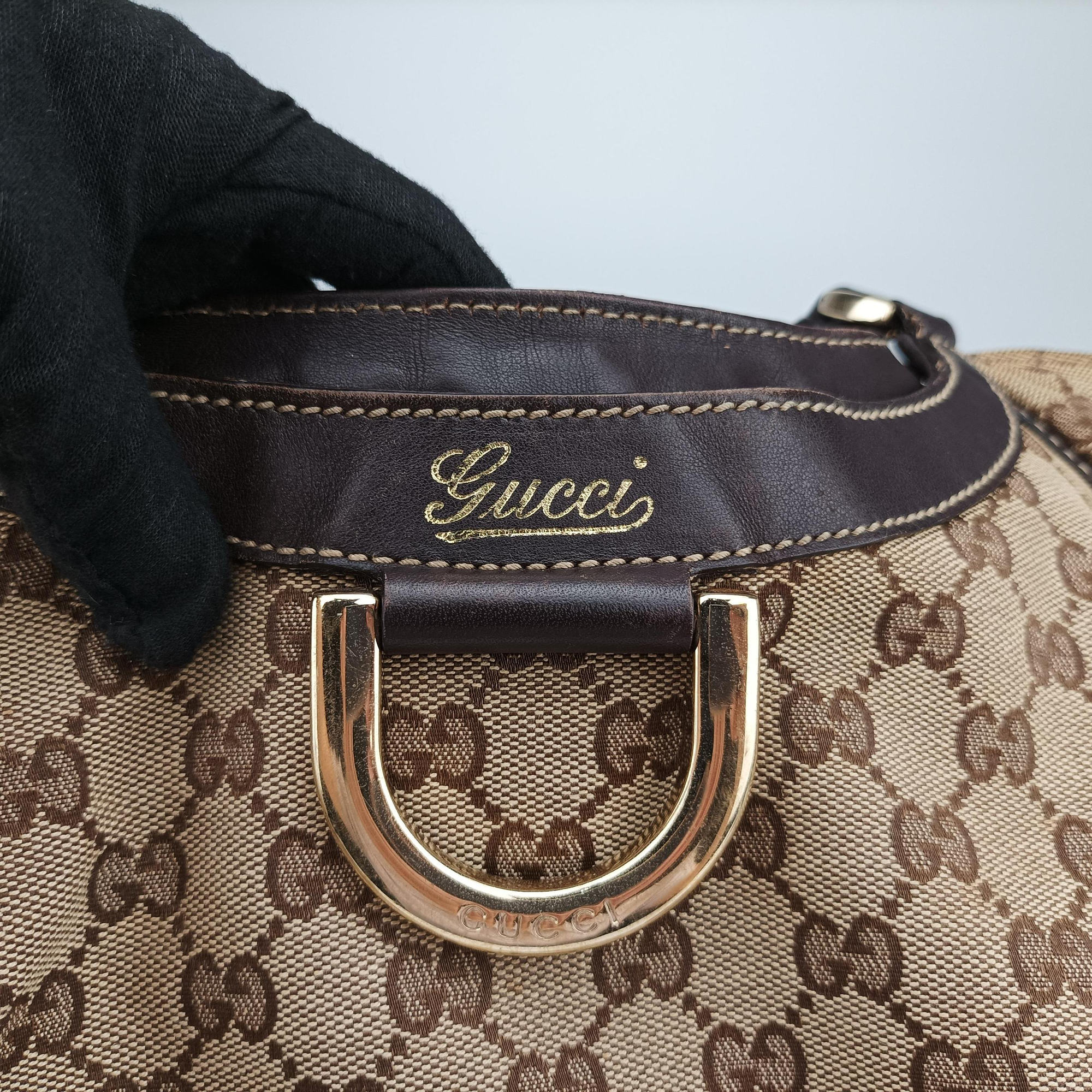 Pre-owned Gucci Abbey D-ring Hobo Beige x Brown Canvas x Leather 190525 handbag | stylenewstar