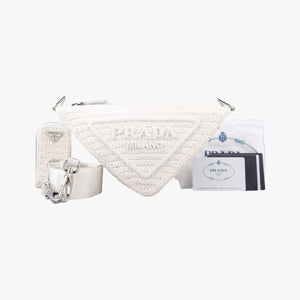 Pre-owned Prada Triangle Logo White Straw  shoulderbag | stylenewstar