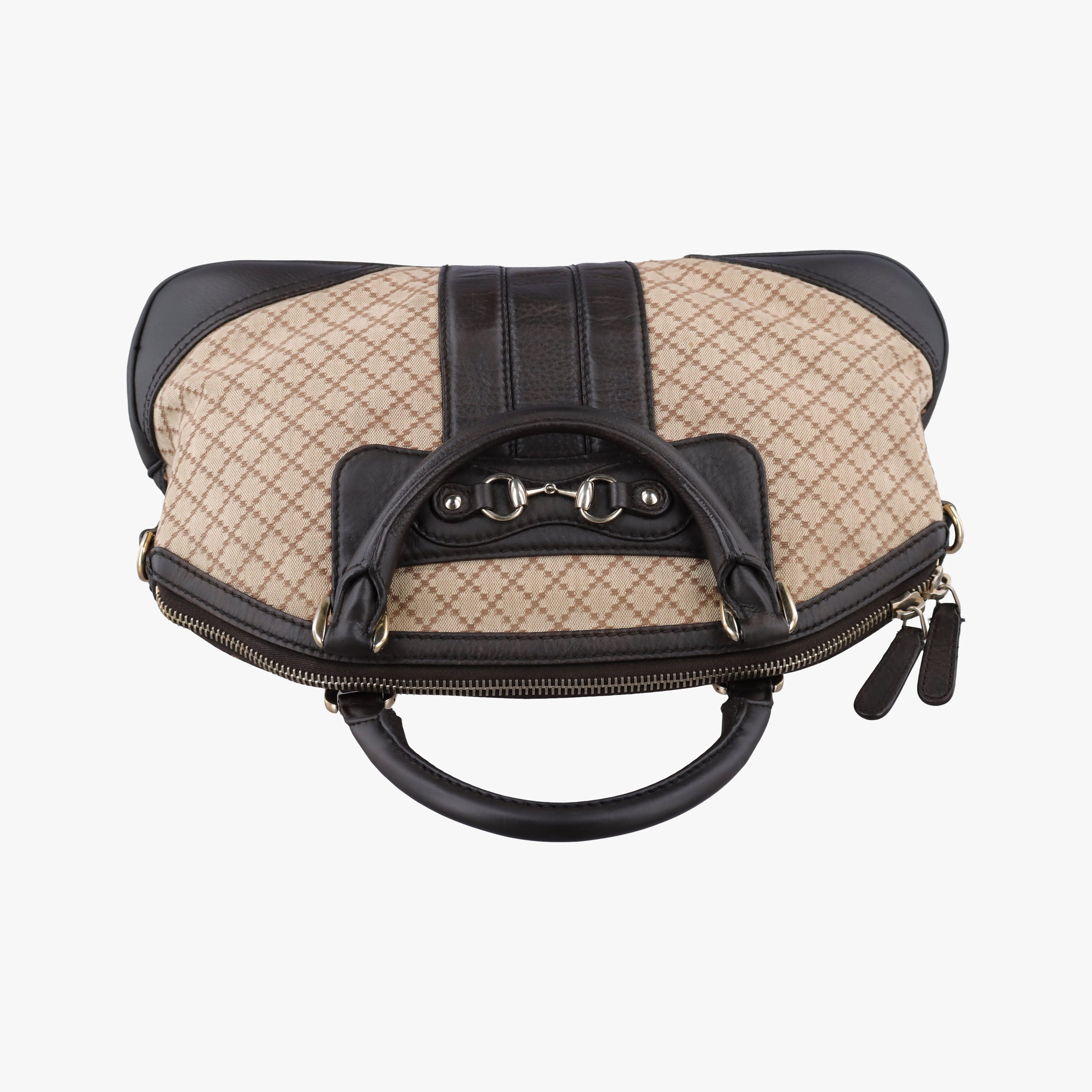 Pre-owned Gucci Horsebit Diamante Beige × Dark Brown Canvas×Leather 247286 handbag | stylenewstar