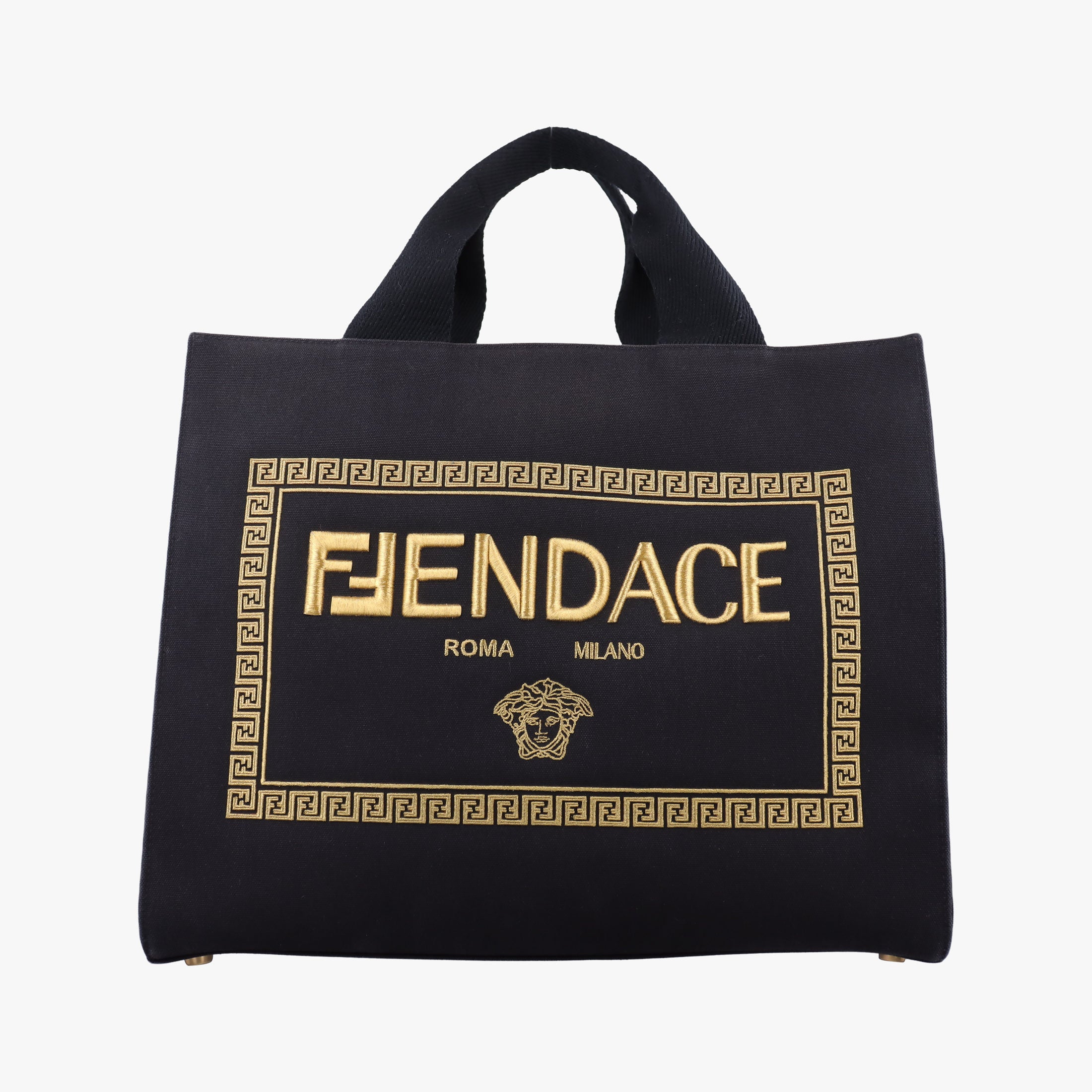Pre-owned Fendi Fendace La Medusa Black×yellow canvas 8BH395 handbag | stylenewstar