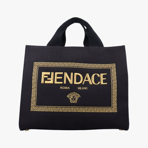Pre-owned Fendi Fendace La Medusa Black×yellow canvas 8BH395 handbag | stylenewstar