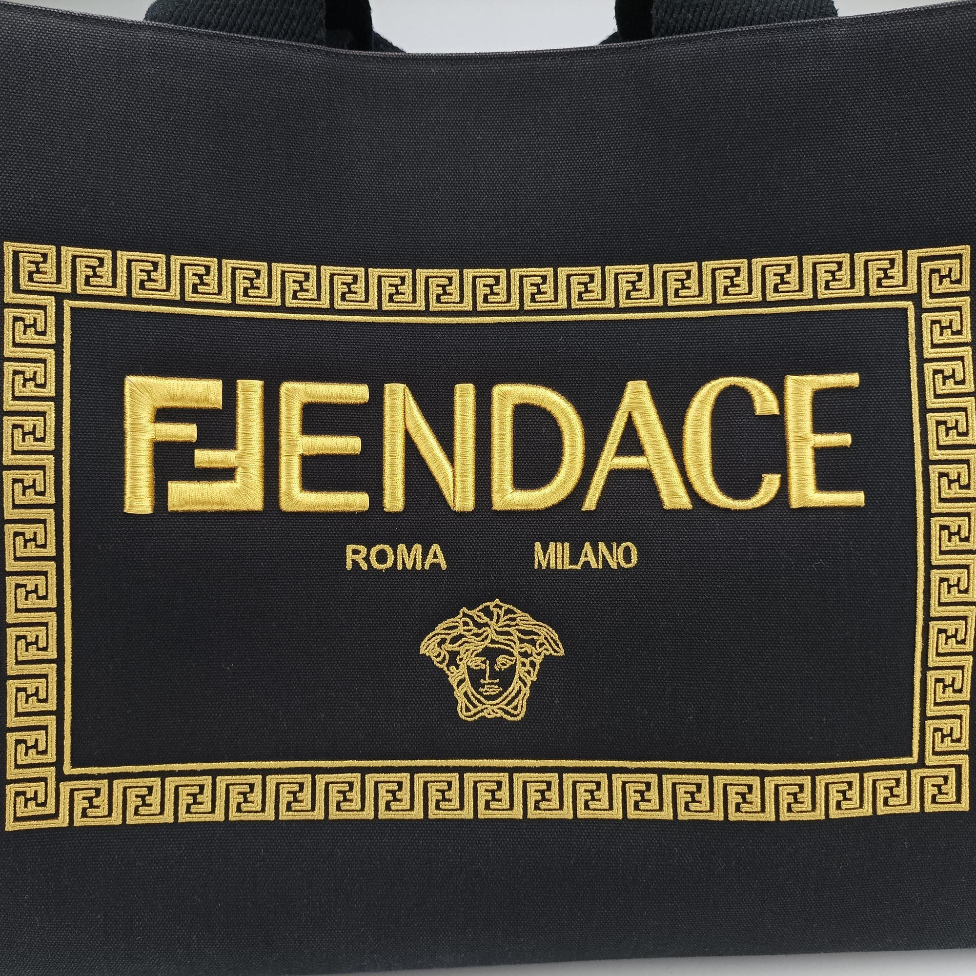 Pre-owned Fendi Fendace La Medusa Black×yellow canvas 8BH395 handbag | stylenewstar