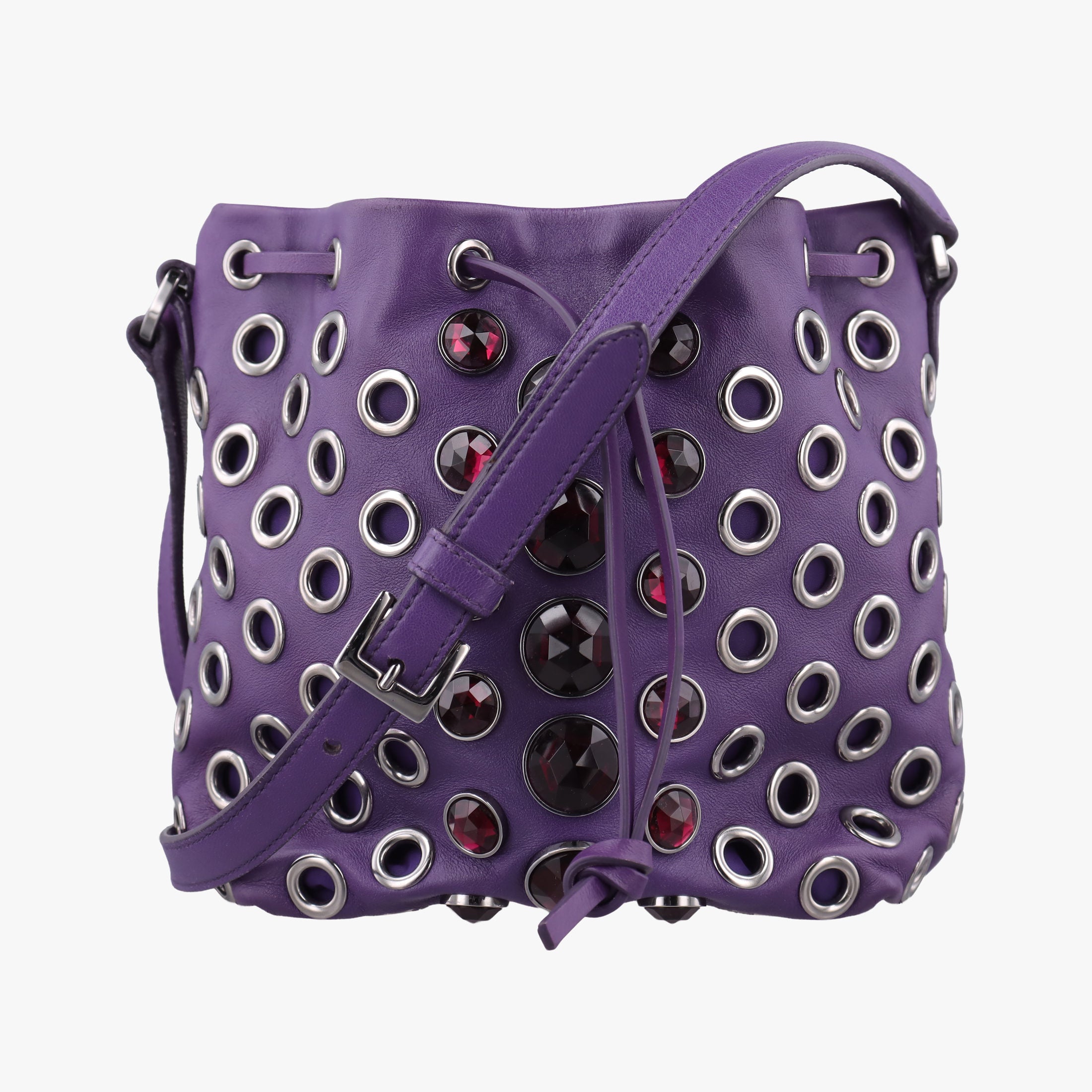 Pre-owned Miu Miu Grommet Mini Jewel Embellished Drawstring Bucket Purple lambskin  shoulderbag | stylenewstar