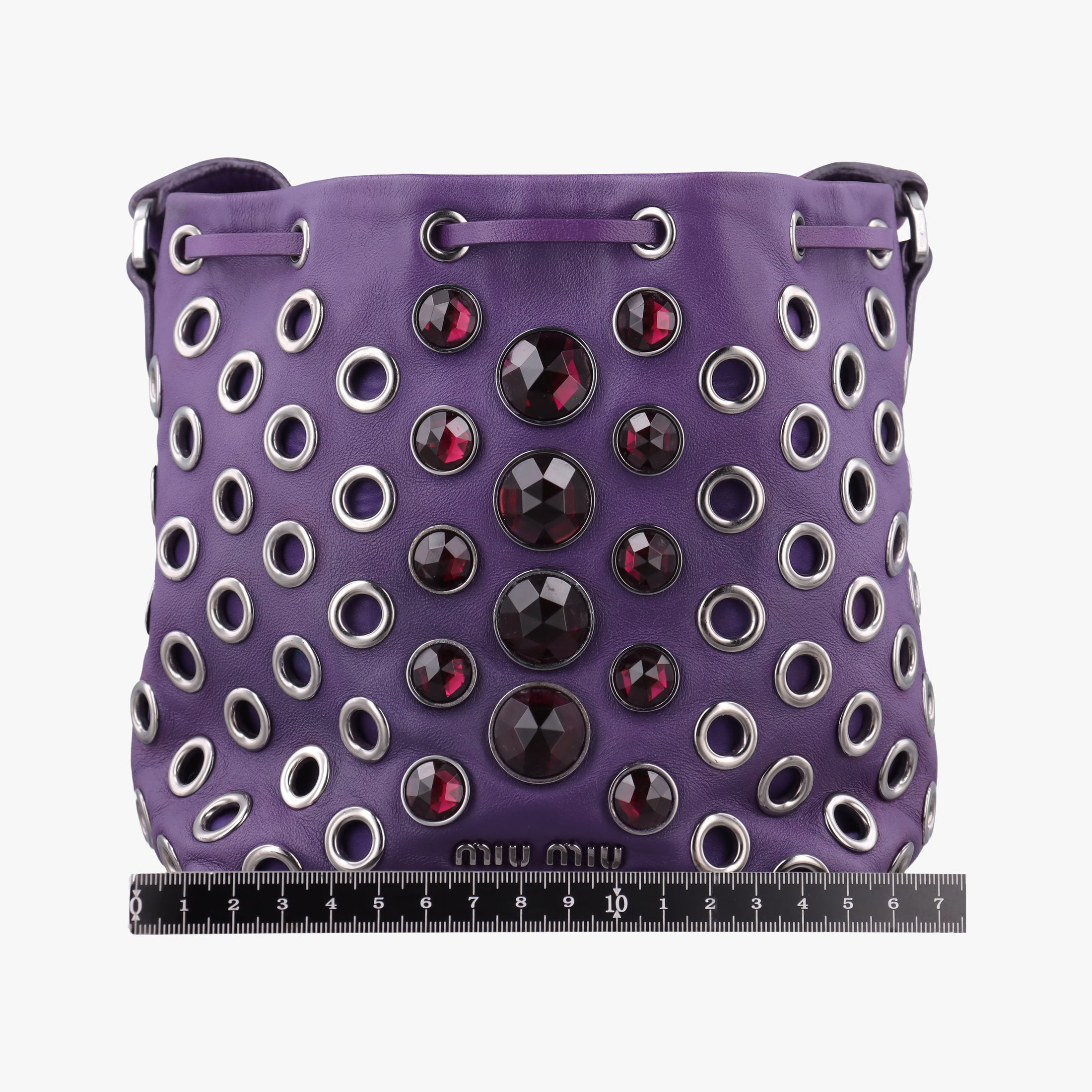 Pre-owned Miu Miu Grommet Mini Jewel Embellished Drawstring Bucket Purple lambskin  shoulderbag | stylenewstar