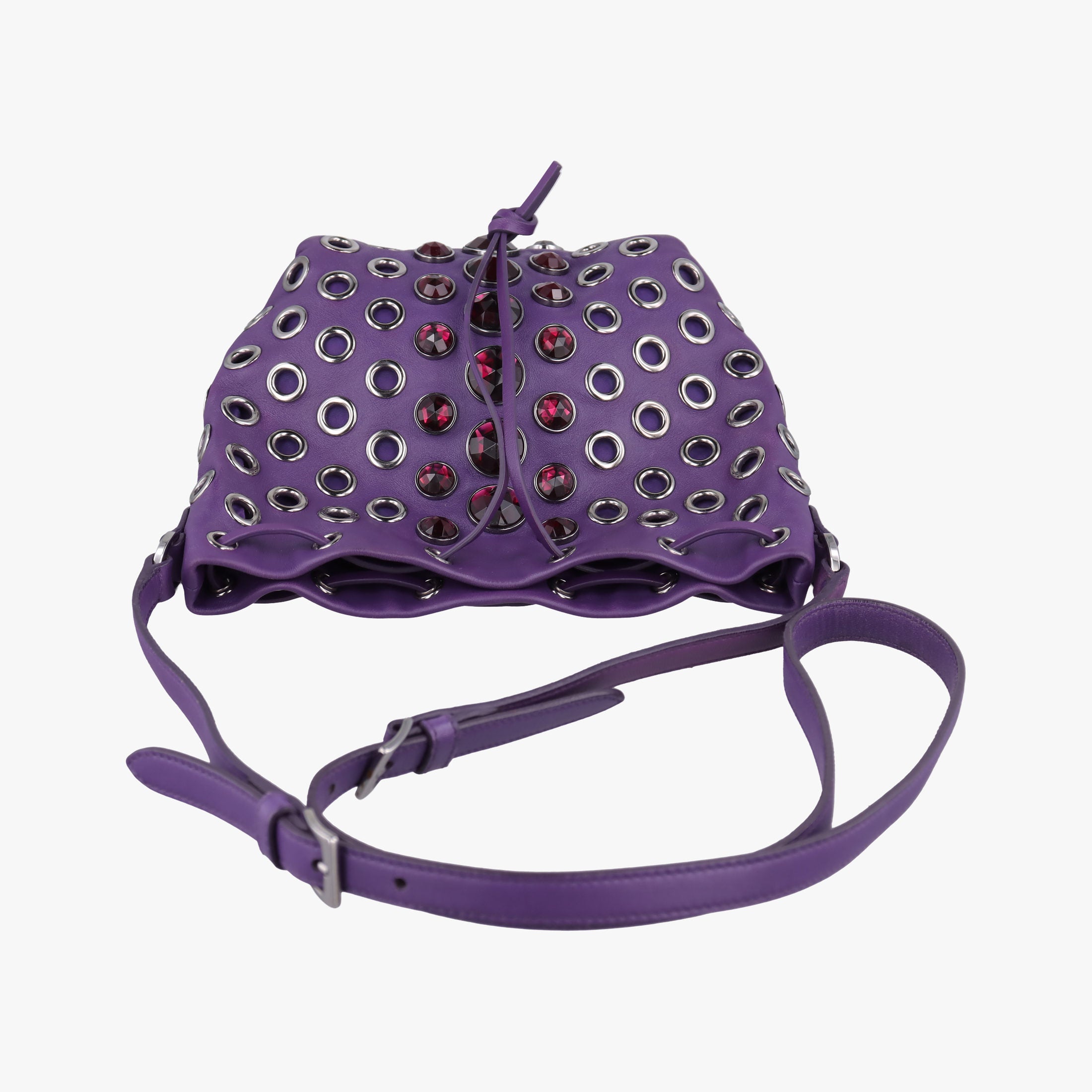 Pre-owned Miu Miu Grommet Mini Jewel Embellished Drawstring Bucket Purple lambskin  shoulderbag | stylenewstar