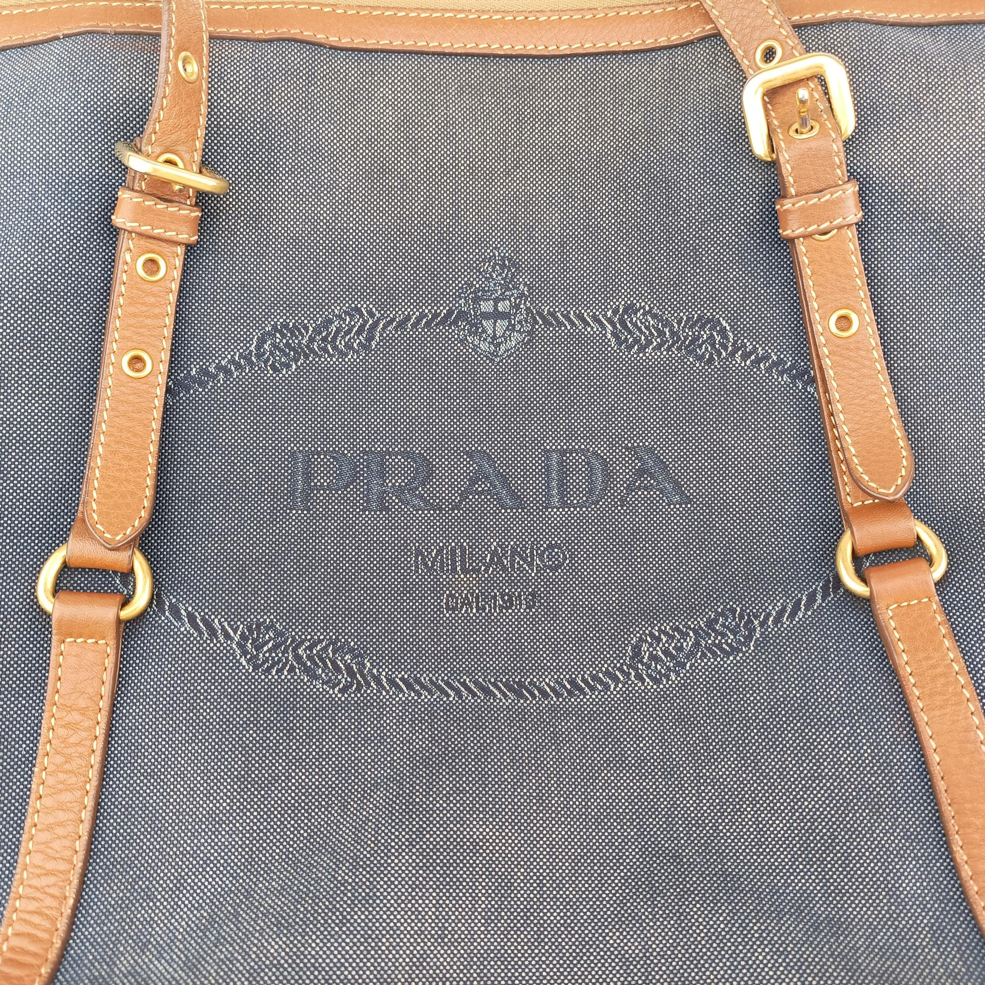 Pre-owned Prada Logo Jacquard Blue × Brown Canvas × Leather BR4253 shoulderbag | stylenewstar