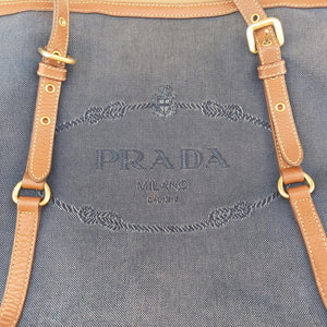 Pre-owned Prada Logo Jacquard Blue × Brown Canvas × Leather BR4253 shoulderbag | stylenewstar