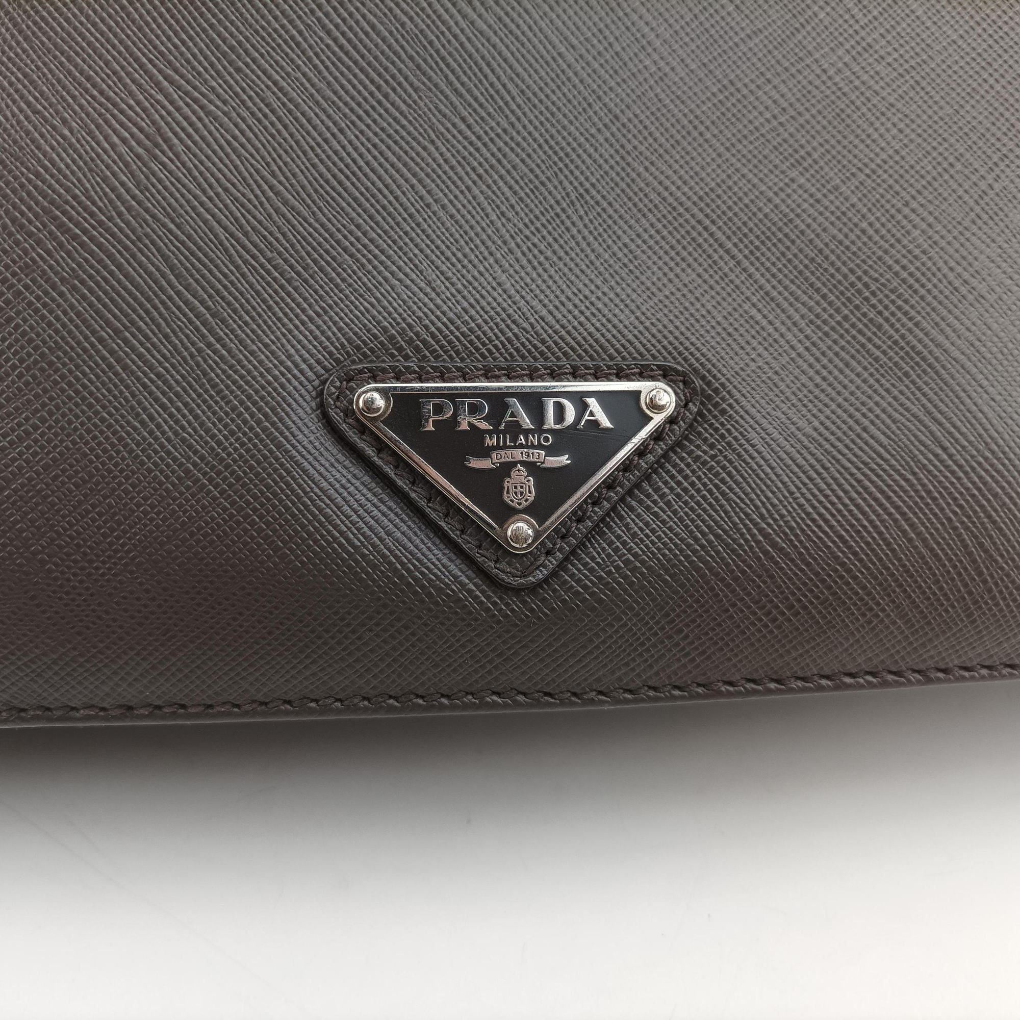 Pre-owned Prada Triangle Logo Plate Grey Saffiano Leather 178589 handbag | stylenewstar