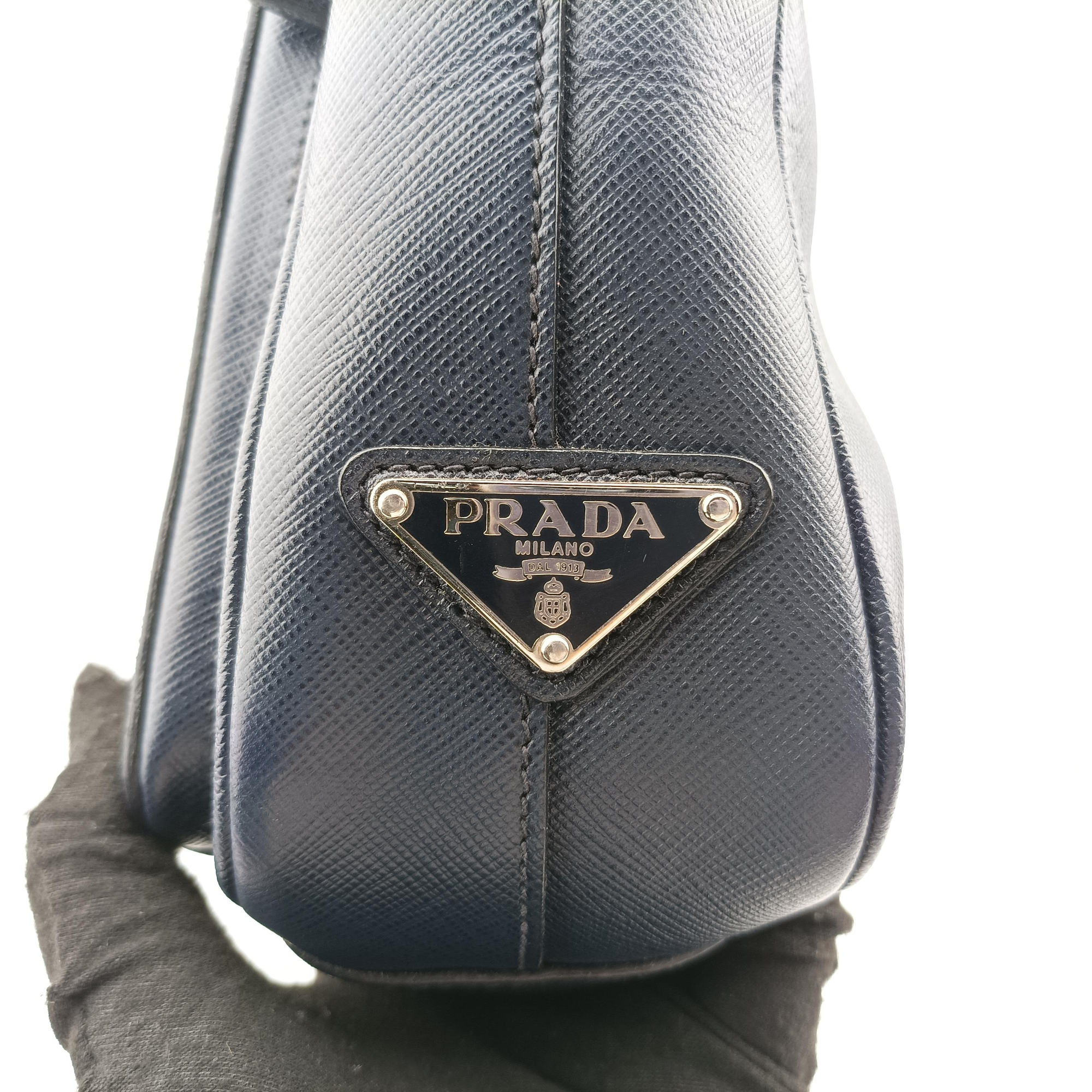 Vintage Prada Triangle Logo Plate Navy Saffiano Leather  shoulderbag | stylenewstar