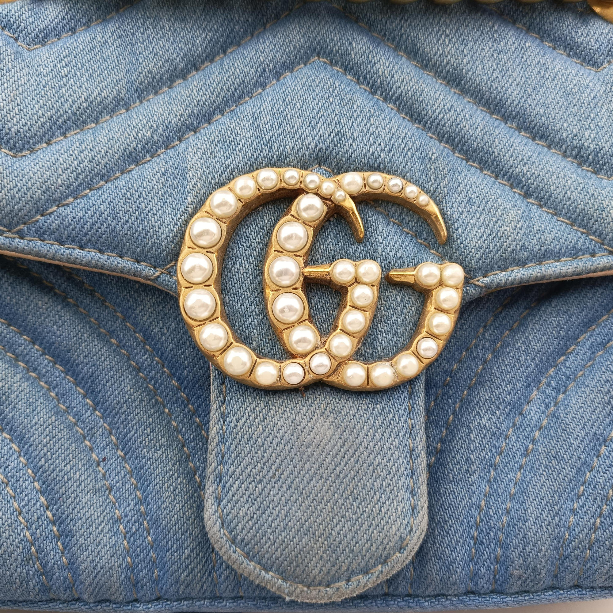 Pre-owned Gucci GG Marmont Blue Denim 446744 shoulderbag | stylenewstar