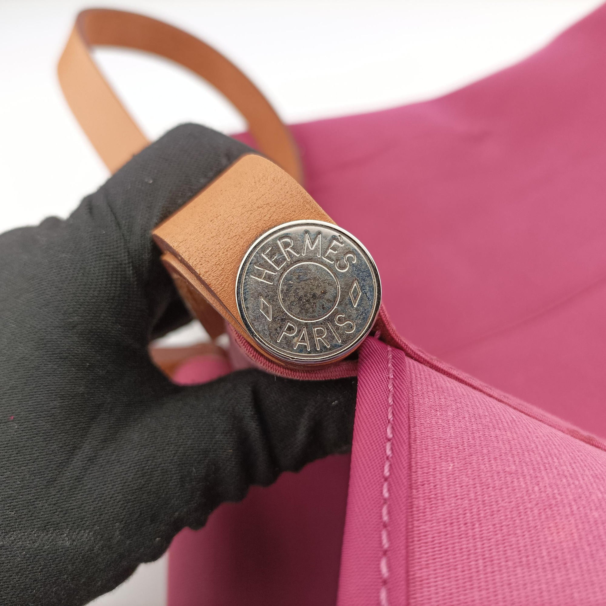 Secondhand Hermes Cabag Elan Rose Toile Officier × Leather  shoulderbag | stylenewstar