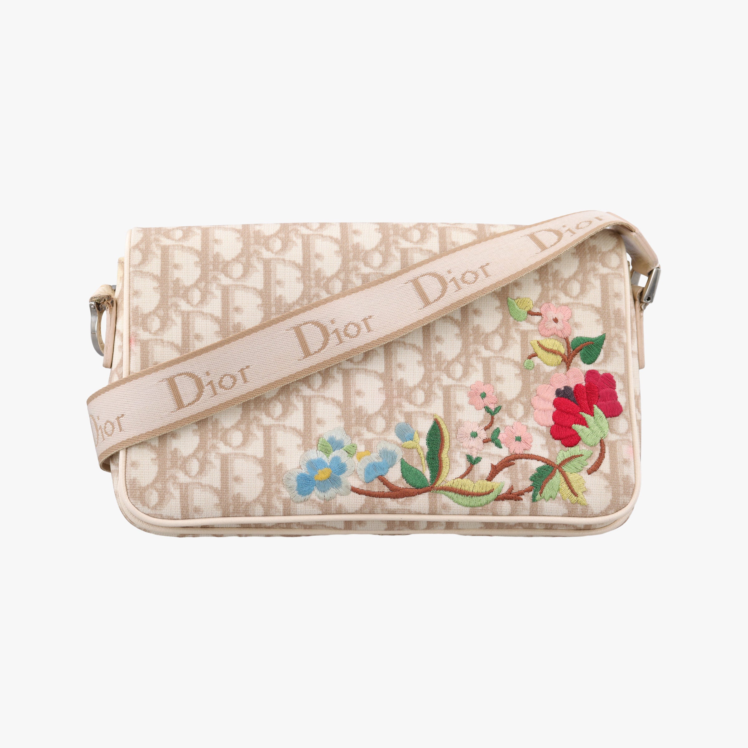 Secondhand Christian Dior Trotter Flower Beige PVC Coated Canvas Floral Embroidery  shoulderbag | stylenewstar