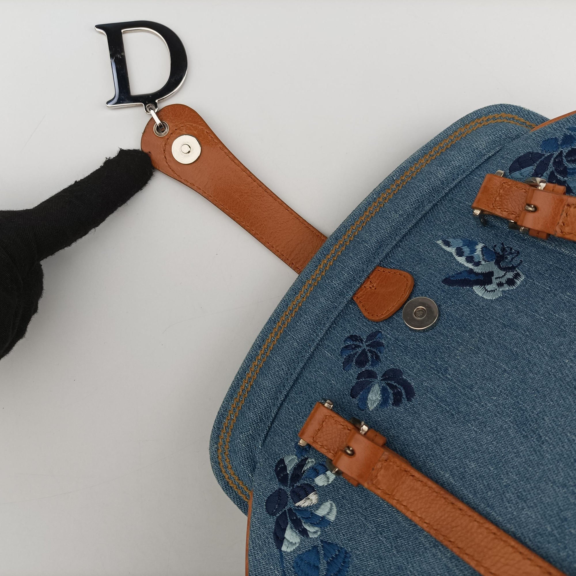 Pre-owned Christian Dior D-ring Logo Blue×Beige Denim  handbag | stylenewstar