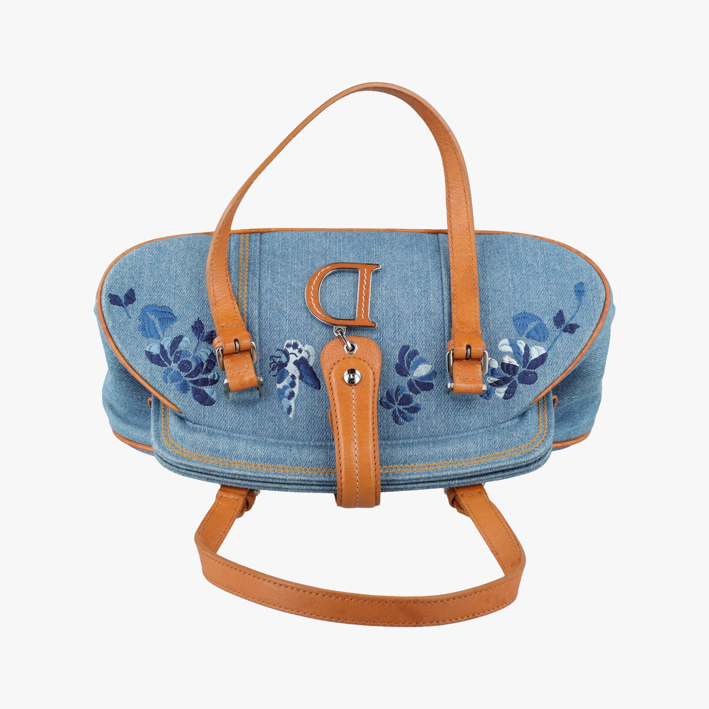 Pre-owned Christian Dior D-ring Logo Blue×Beige Denim  handbag | stylenewstar