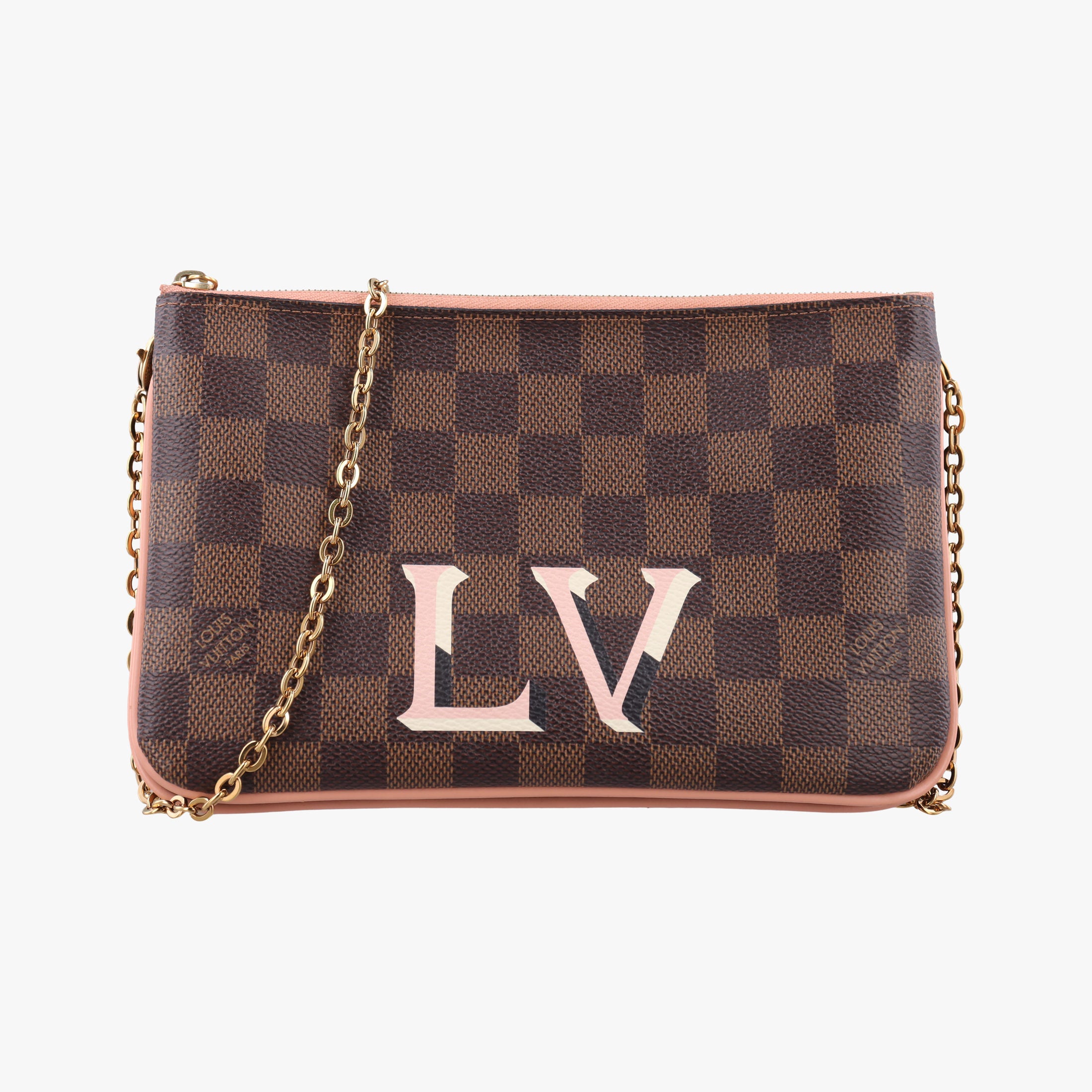 Pre-owned Louis Vuitton Pochette Double Zip EBENE×Rose Ballerine Damier Canvas N60254 shoulderbag | stylenewstar